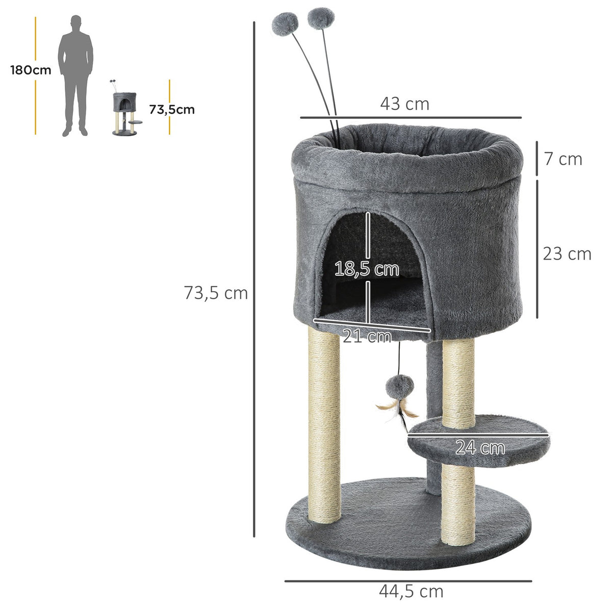 Scratching Post 73.5H Cm Cat Tree With Cat Cave And Toy Ball Climbing Tree Sisal Column Cat Toy Plush Gray + Cream White
