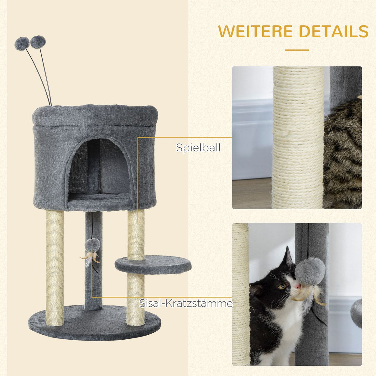 Scratching Post 73.5H Cm Cat Tree With Cat Cave And Toy Ball Climbing Tree Sisal Column Cat Toy Plush Gray + Cream White