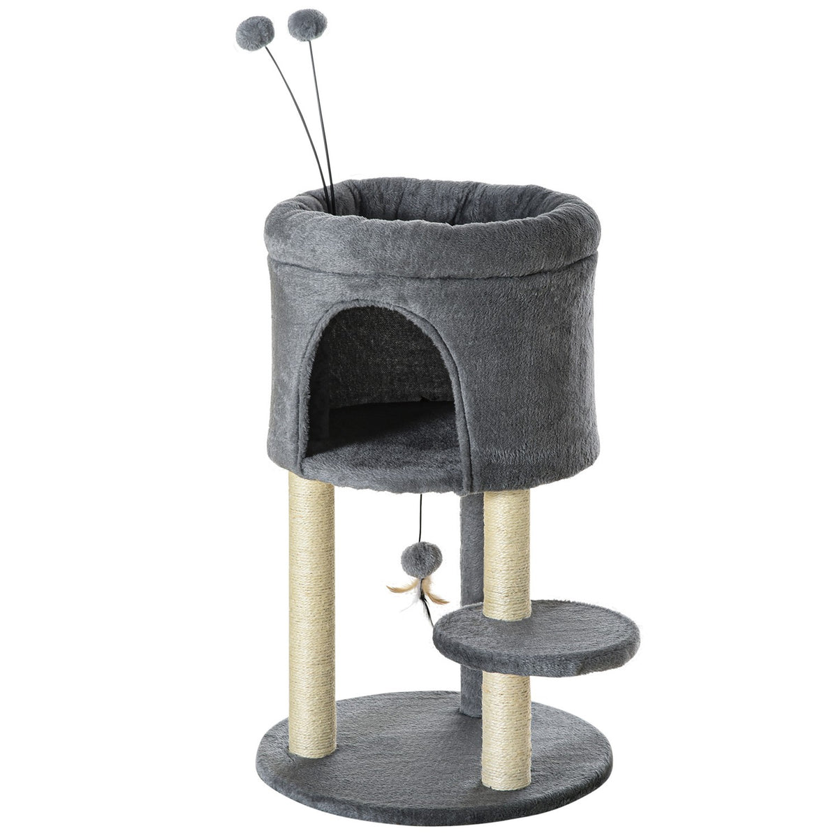 Scratching Post 73.5H Cm Cat Tree With Cat Cave And Toy Ball Climbing Tree Sisal Column Cat Toy Plush Gray + Cream White