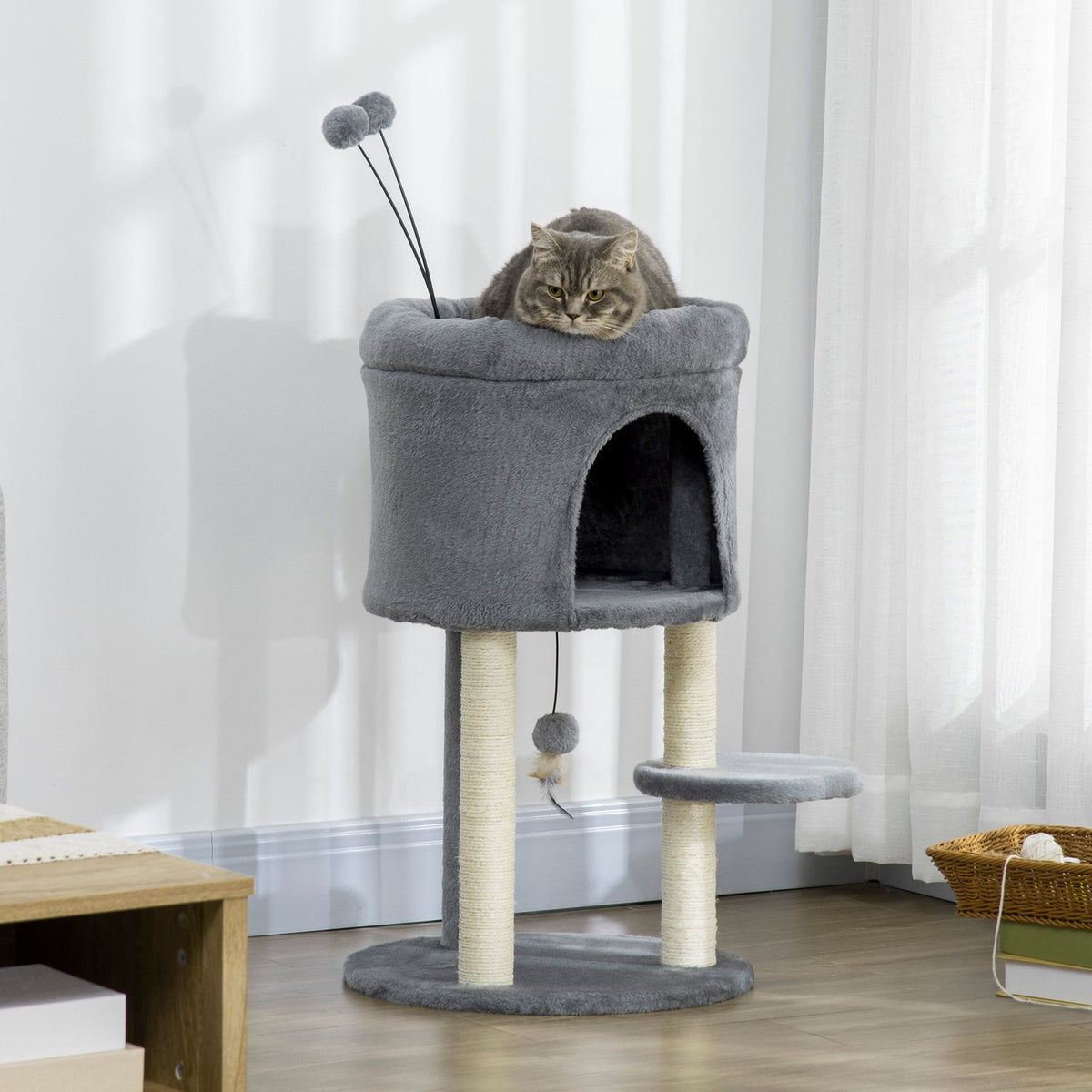 Scratching Post 73.5H Cm Cat Tree With Cat Cave And Toy Ball Climbing Tree Sisal Column Cat Toy Plush Gray + Cream White