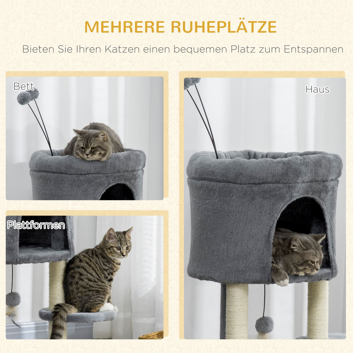 Scratching Post 73.5H Cm Cat Tree With Cat Cave And Toy Ball Climbing Tree Sisal Column Cat Toy Plush Gray + Cream White