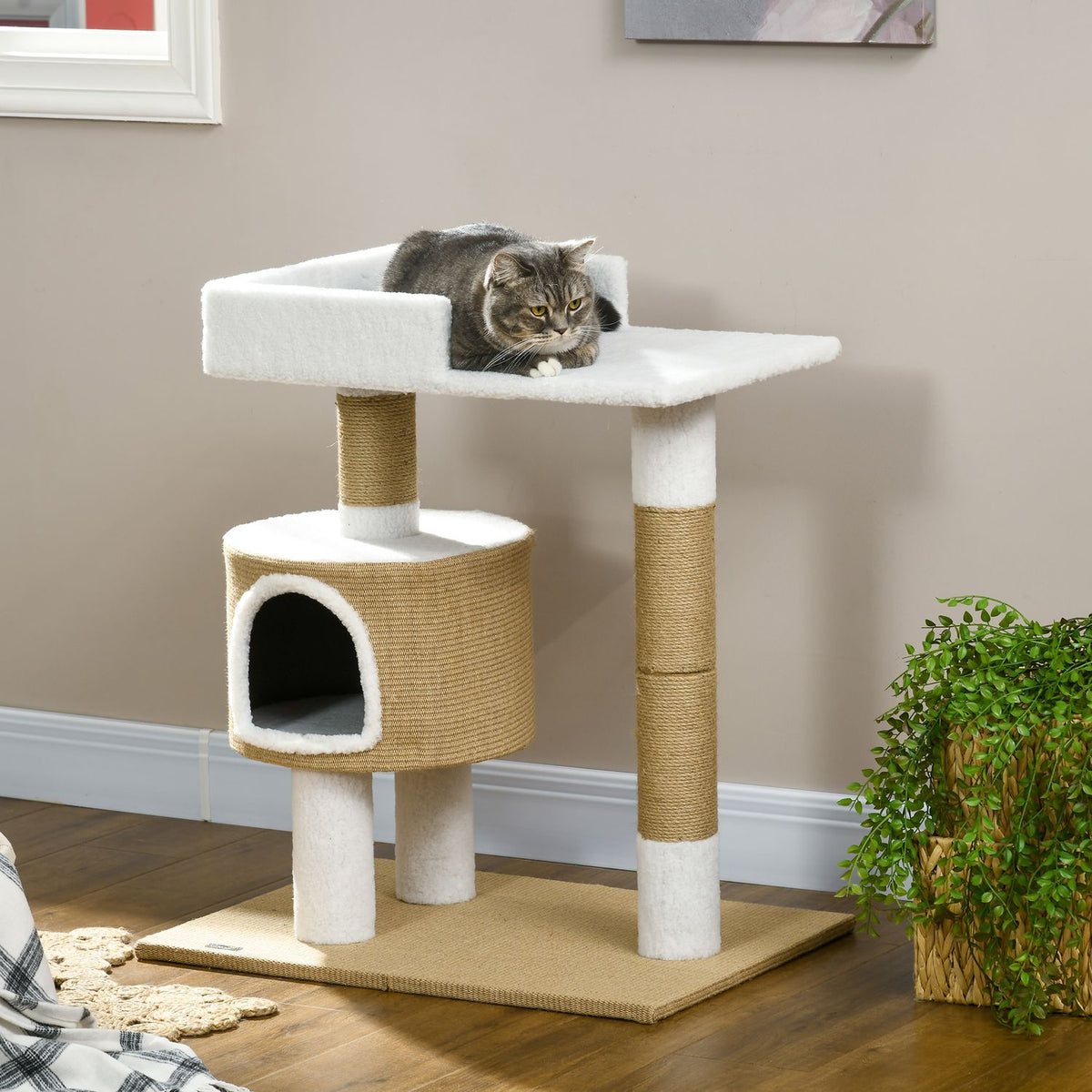 Scratching Post 79Cm Small Cat Tree With Cat Cave & Lying Area, For Cats Up To 8Kg, Jute, Brown/White