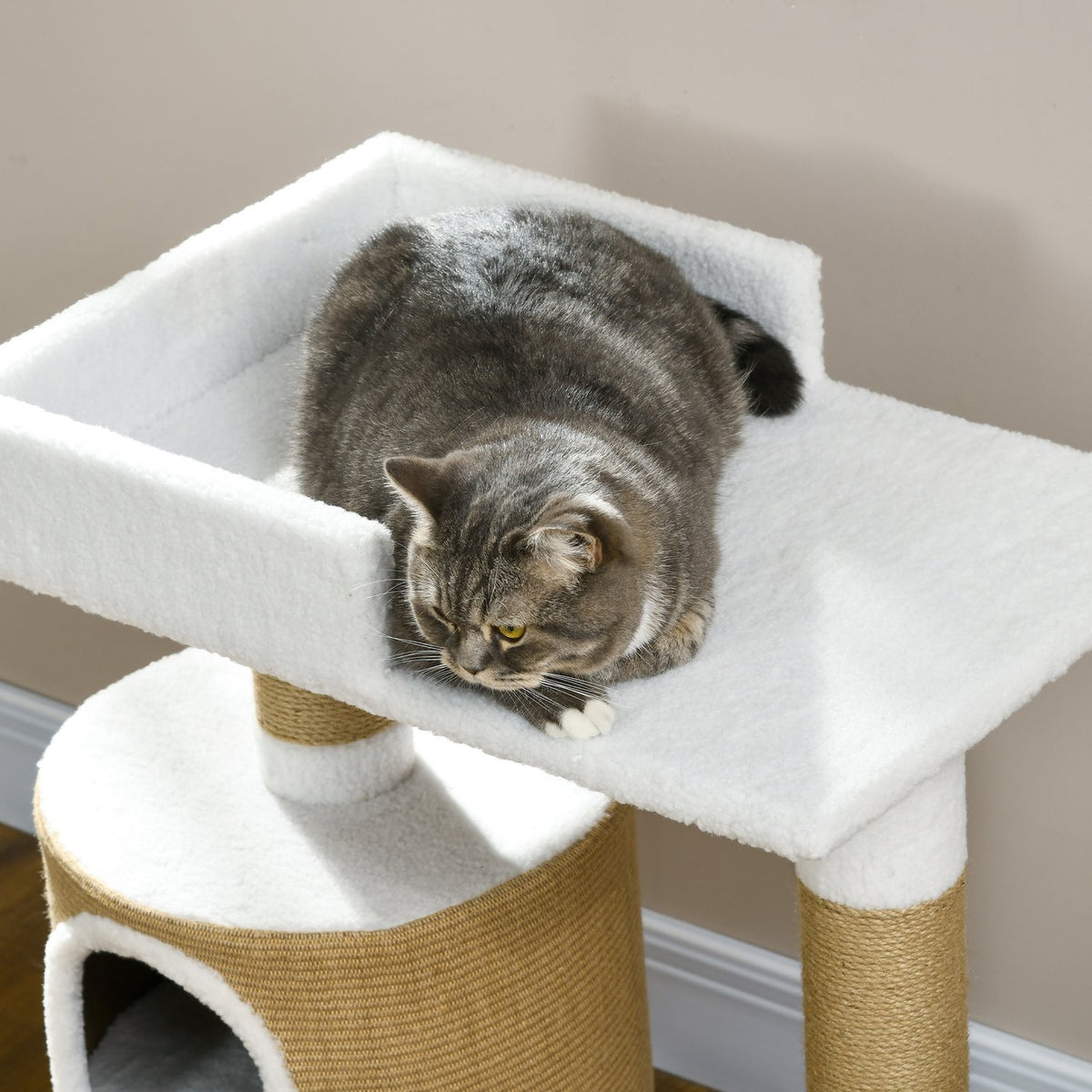 Scratching Post 79Cm Small Cat Tree With Cat Cave & Lying Area, For Cats Up To 8Kg, Jute, Brown/White