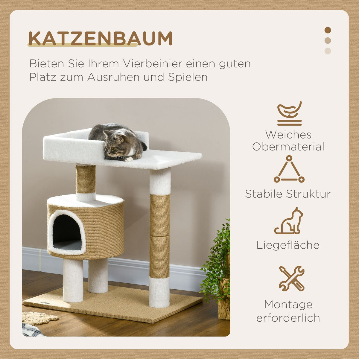 Scratching Post 79Cm Small Cat Tree With Cat Cave & Lying Area, For Cats Up To 8Kg, Jute, Brown/White