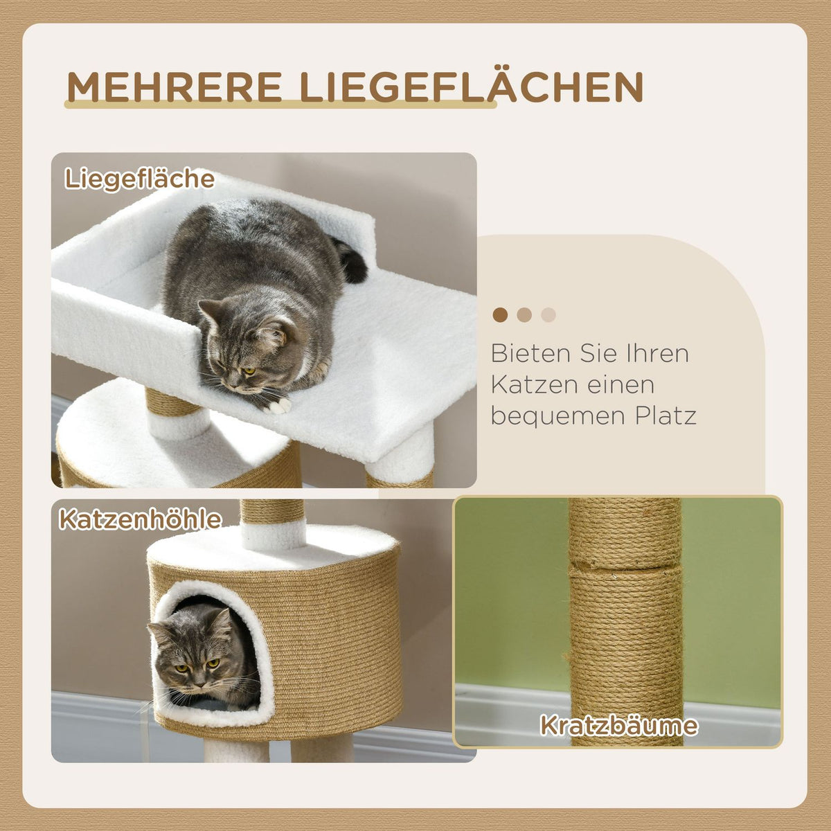 Scratching Post 79Cm Small Cat Tree With Cat Cave & Lying Area, For Cats Up To 8Kg, Jute, Brown/White