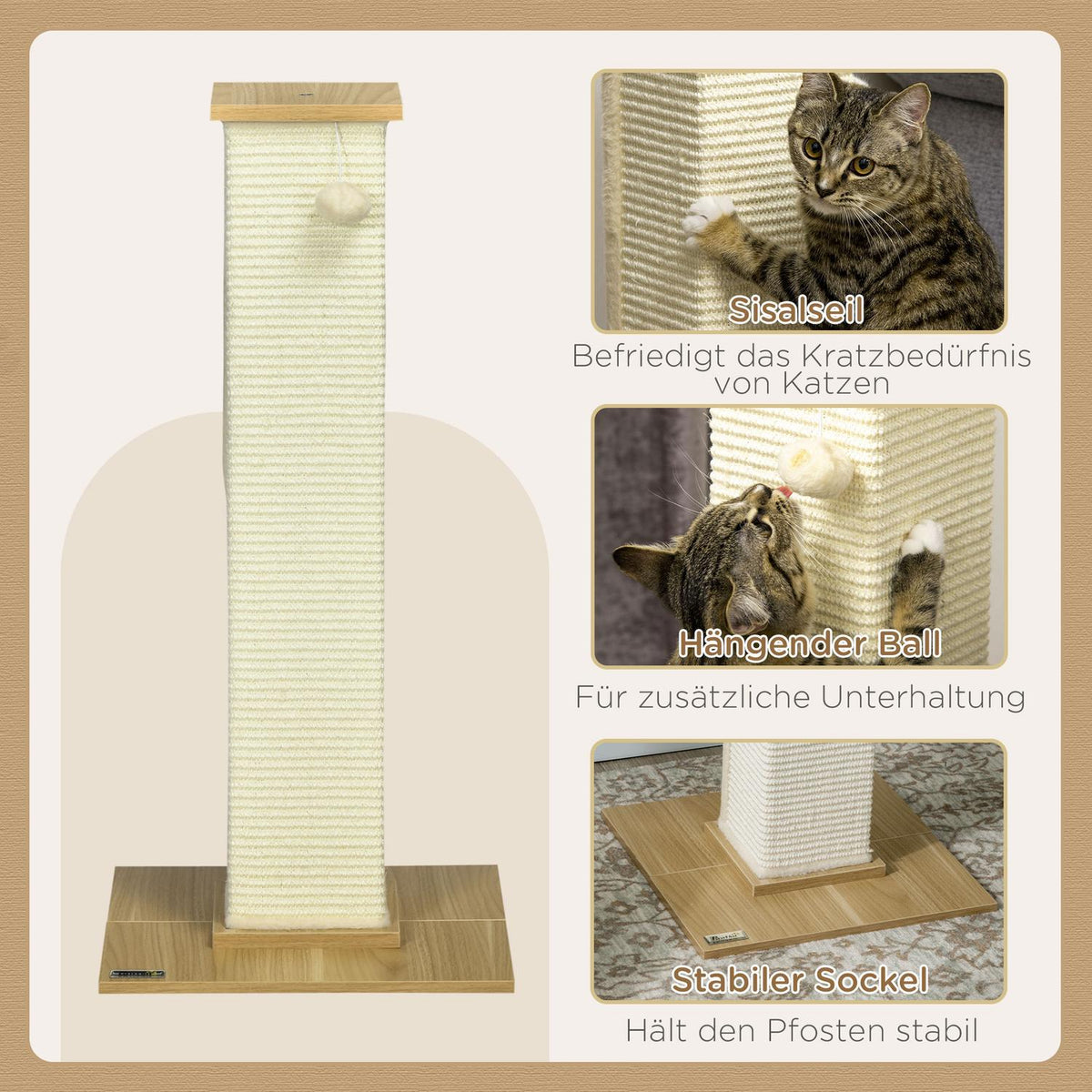 Scratching Post 80Cm High Scratching Post With Play Ball, Sisal Rope Scratching Post, Scratching Board, In Oak + Cream White, For Cats