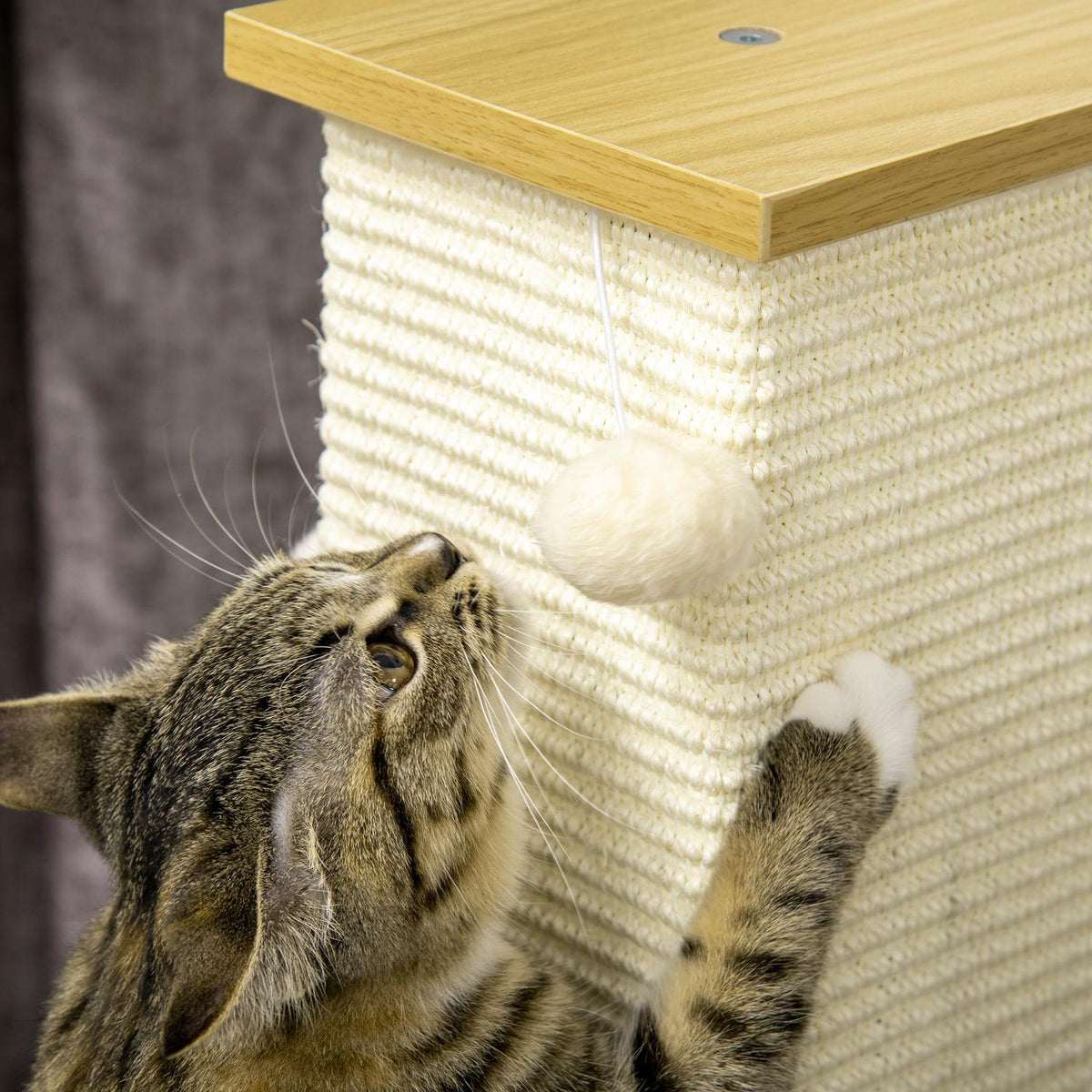Scratching Post 80Cm High Scratching Post With Play Ball, Sisal Rope Scratching Post, Scratching Board, In Oak + Cream White, For Cats