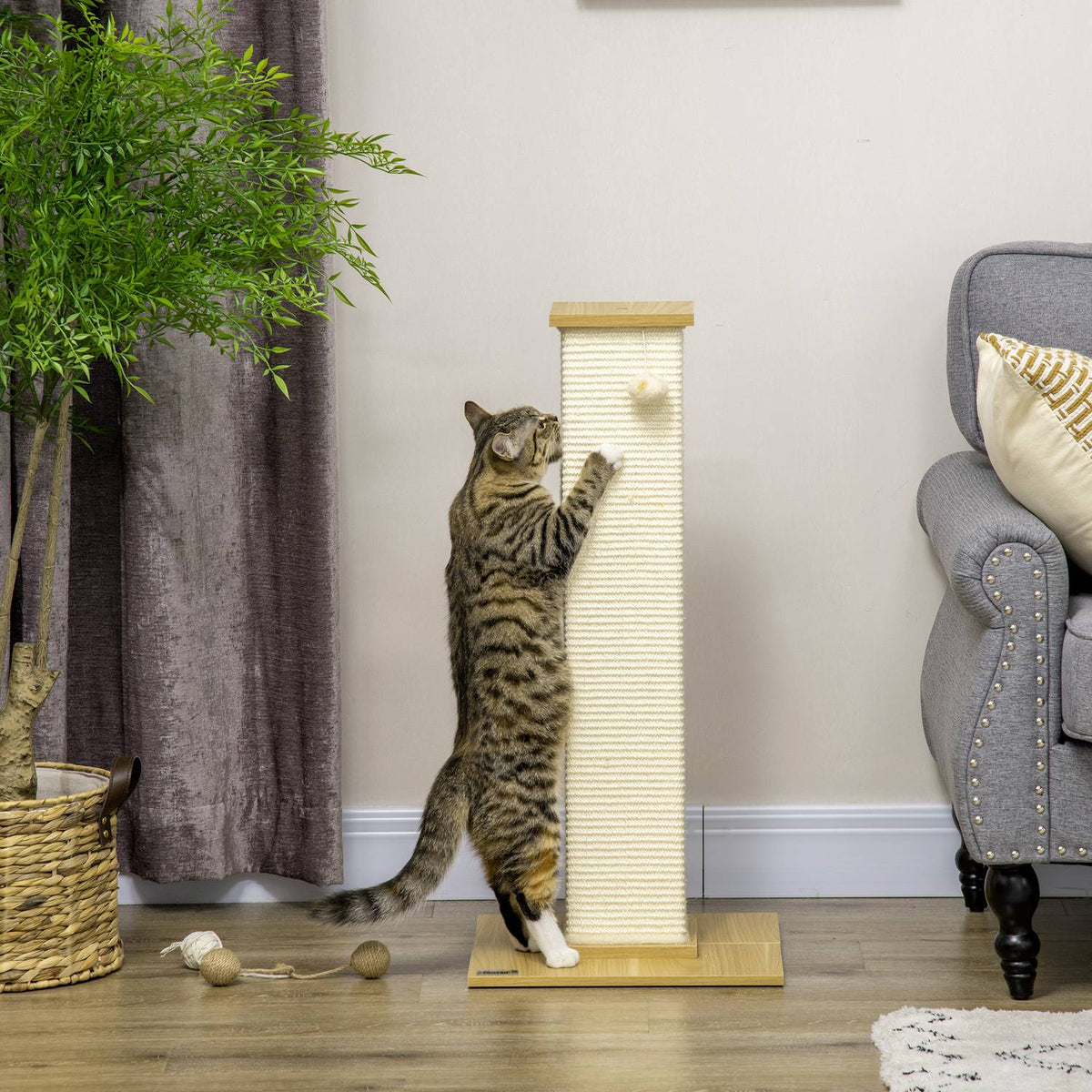 Scratching Post 80Cm High Scratching Post With Play Ball, Sisal Rope Scratching Post, Scratching Board, In Oak + Cream White, For Cats