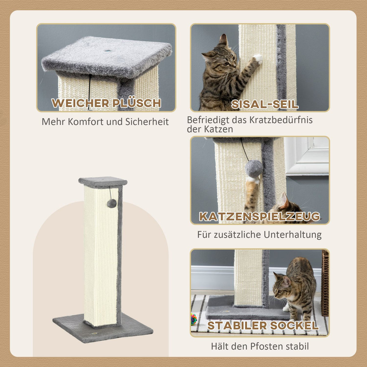 Scratching Post 81Cm High Scratching Post Made Of Sisal With Play Ball, Ideal For Cats Up To 5Kg, Indoor Use, In Gray And Cream