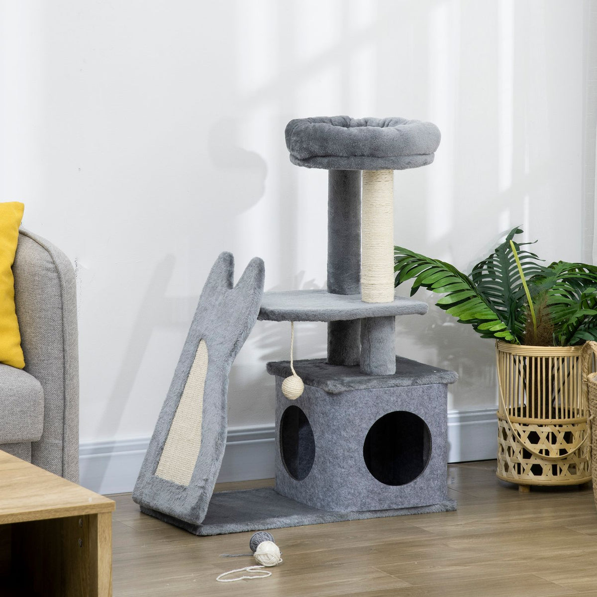Scratching Post 83H Cm Cat Tree With Scratching Board & Cat Cave, Climbing Tree With Platforms & Ramp, Cat Toy, Grey+Cream White