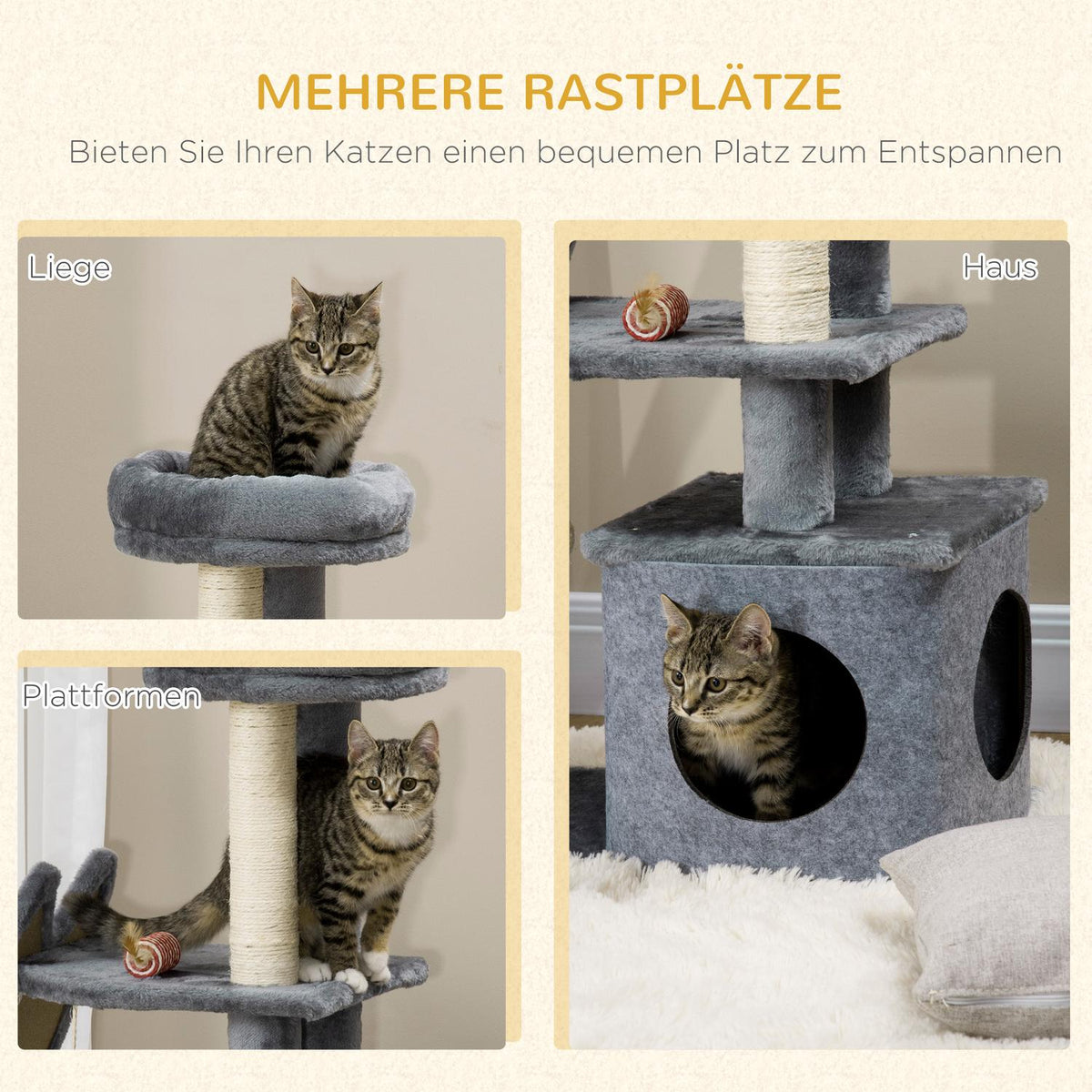 Scratching Post 83H Cm Cat Tree With Scratching Board & Cat Cave, Climbing Tree With Platforms & Ramp, Cat Toy, Grey+Cream White