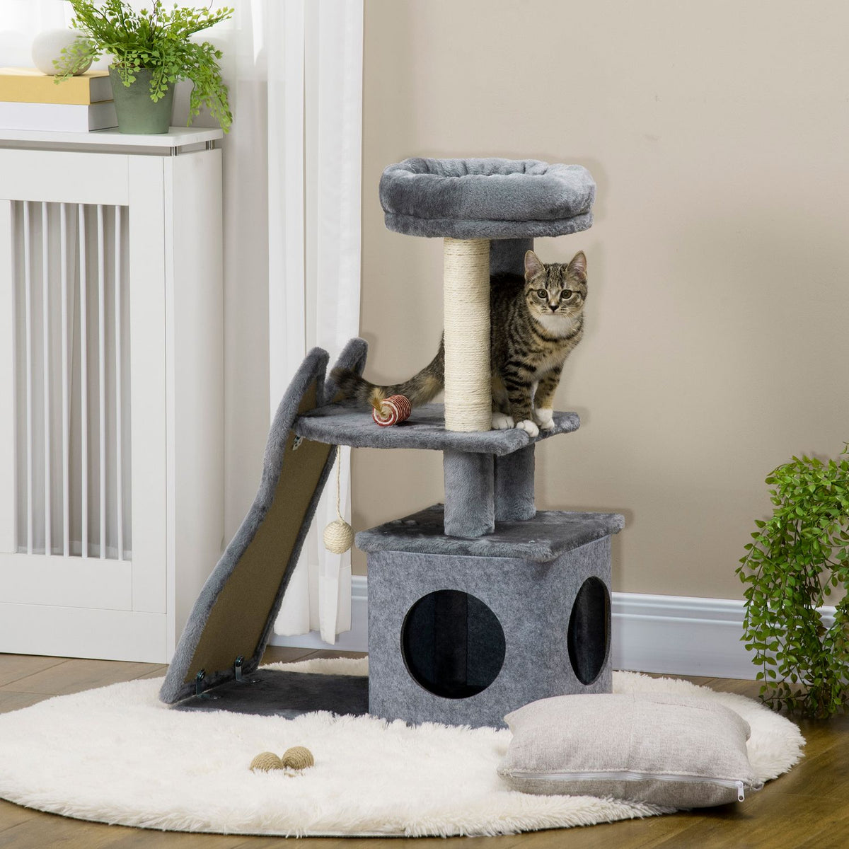 Scratching Post 83H Cm Cat Tree With Scratching Board & Cat Cave, Climbing Tree With Platforms & Ramp, Cat Toy, Grey+Cream White