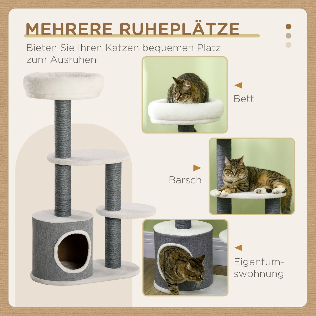 Scratching Post 98Cm Stable Cat Tree With Scratching Board & Cat Cave, 3 Platforms, Cat Furniture In Grey+White