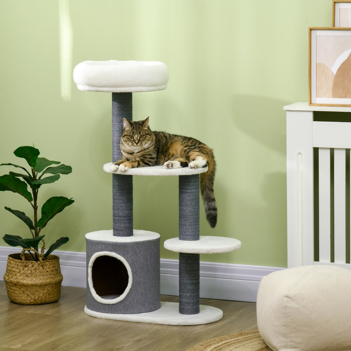 Scratching Post 98Cm Stable Cat Tree With Scratching Board & Cat Cave, 3 Platforms, Cat Furniture In Grey+White