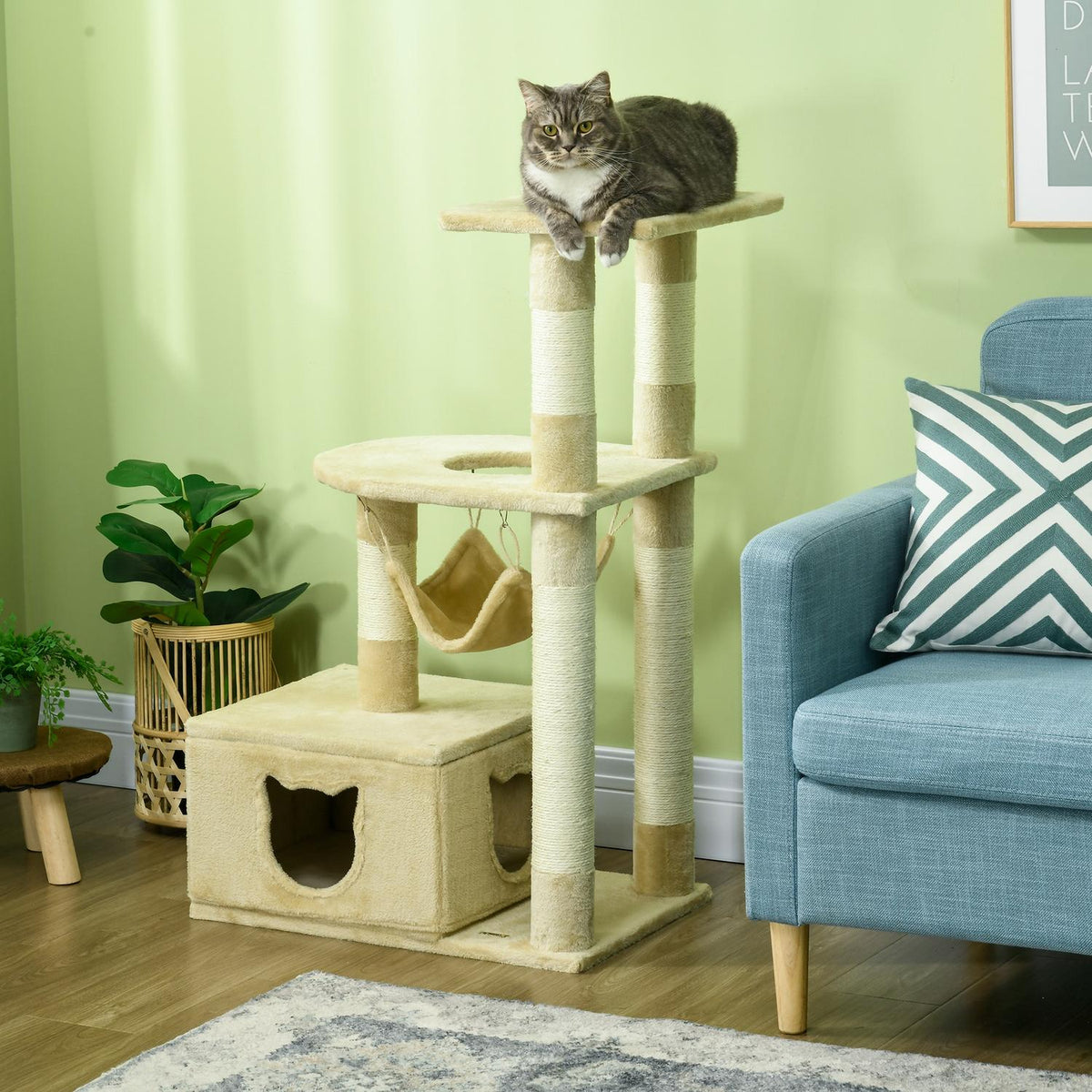 Scratching Post 99Cm Cozy Cat Tree With Hanging Bed & Cat Cave, 2 Platforms, For Cats, Plush, Beige