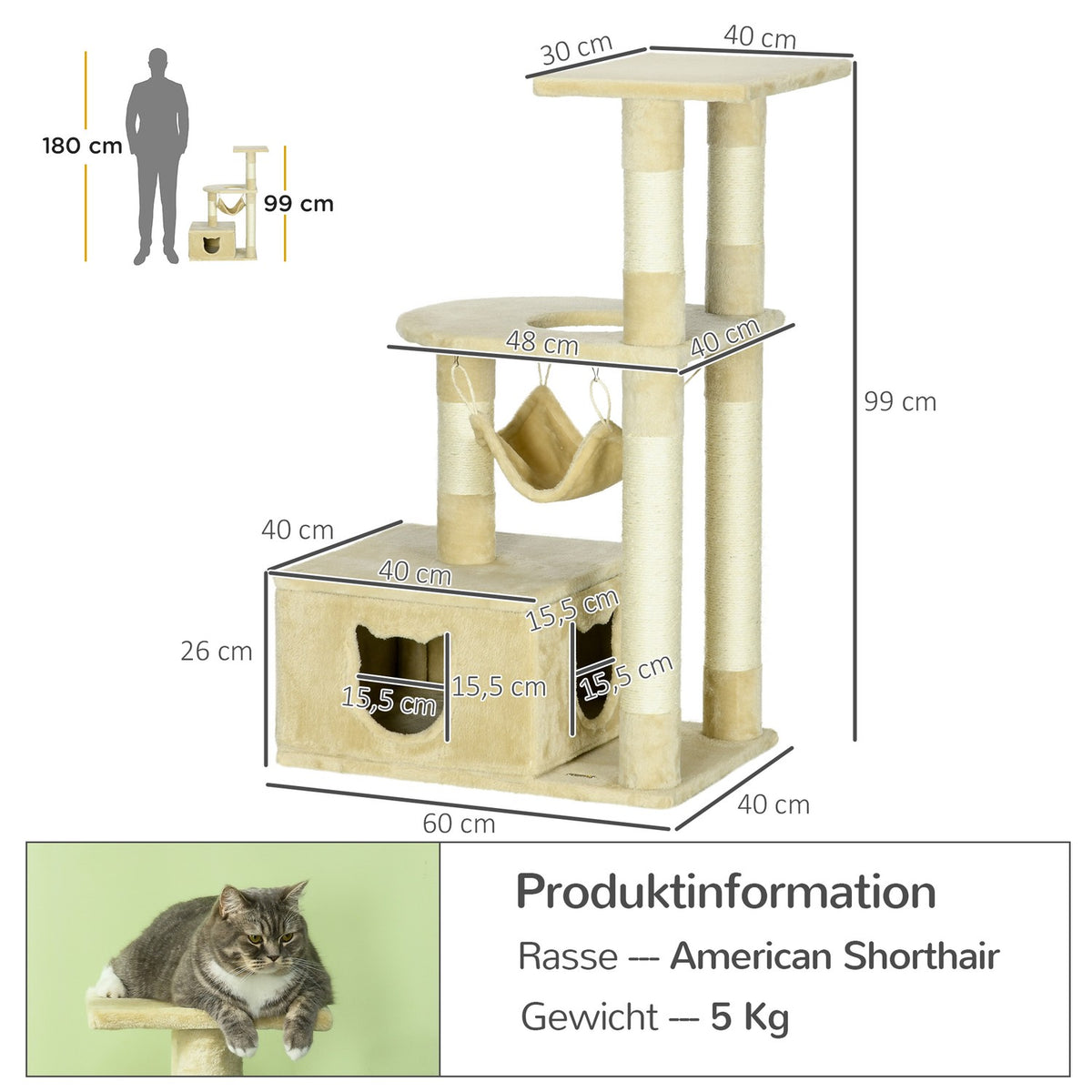 Scratching Post 99Cm Cozy Cat Tree With Hanging Bed & Cat Cave, 2 Platforms, For Cats, Plush, Beige