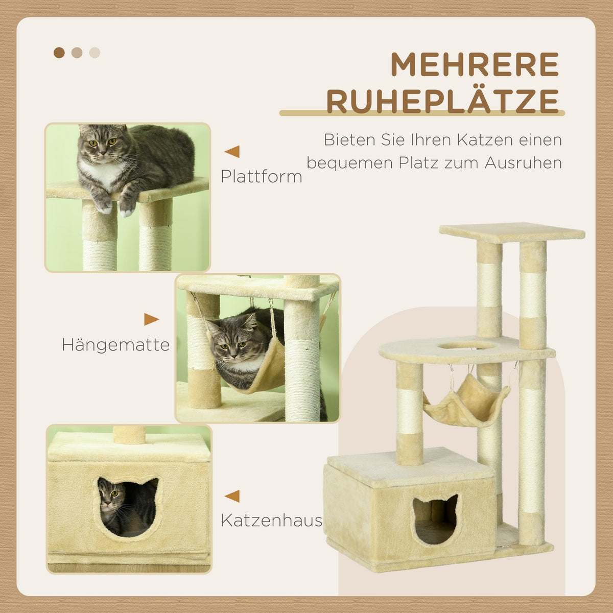 Scratching Post 99Cm Cozy Cat Tree With Hanging Bed & Cat Cave, 2 Platforms, For Cats, Plush, Beige
