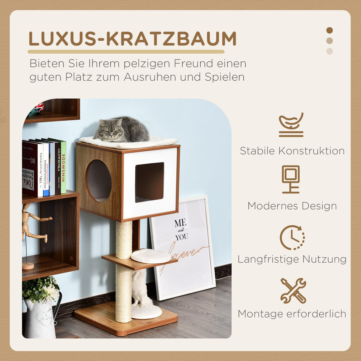 Scratching Post Cat Furniture With Cave & Sisal Posts, 4 Cushions, Mdf, 50X40X91 Cm