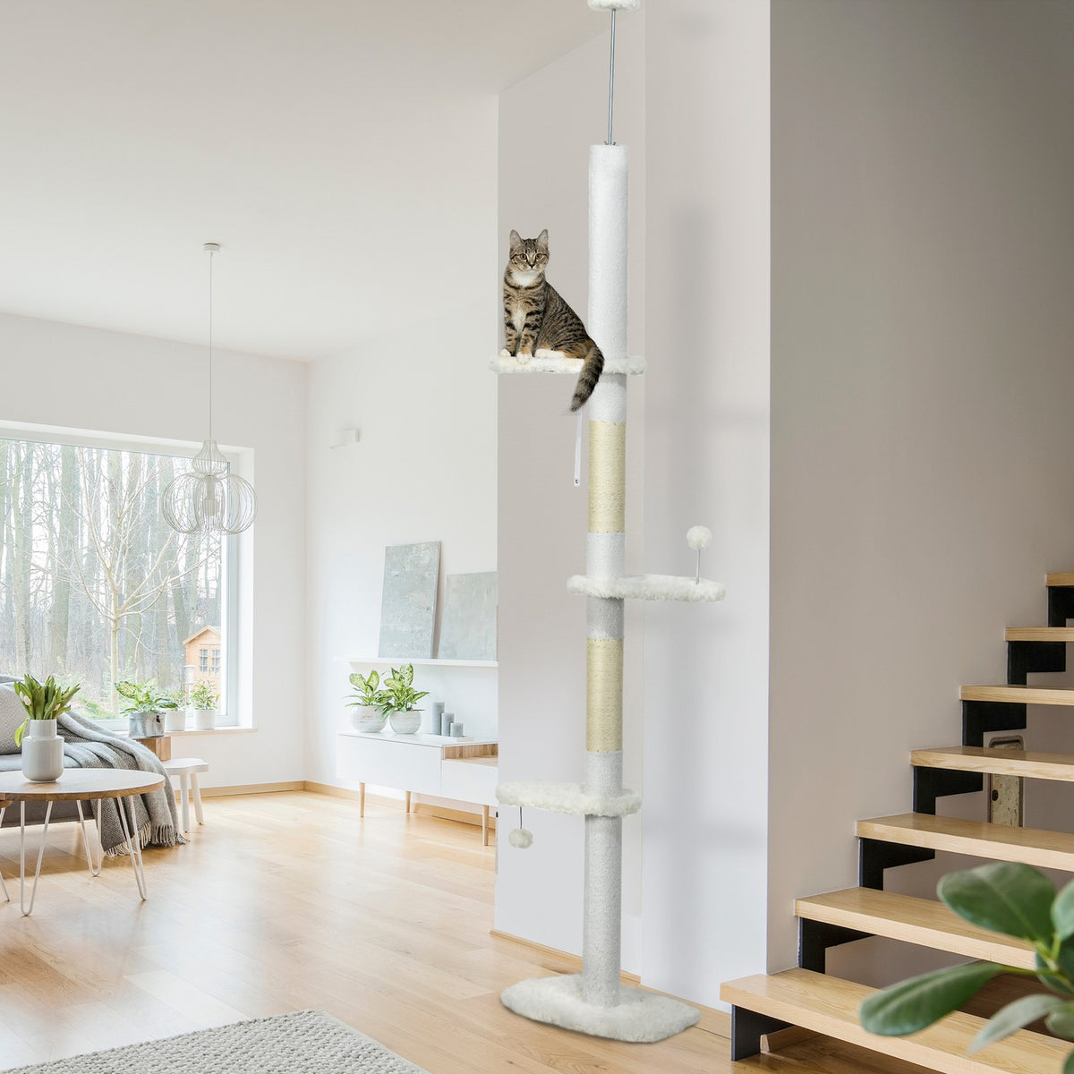 Scratching Post, Cat Tree Ceiling High, Cat Scratching Post, 225-255 Cm, Climbing Tree With Play Ball, Jute Rope Post, Hammock, Cat Ladder