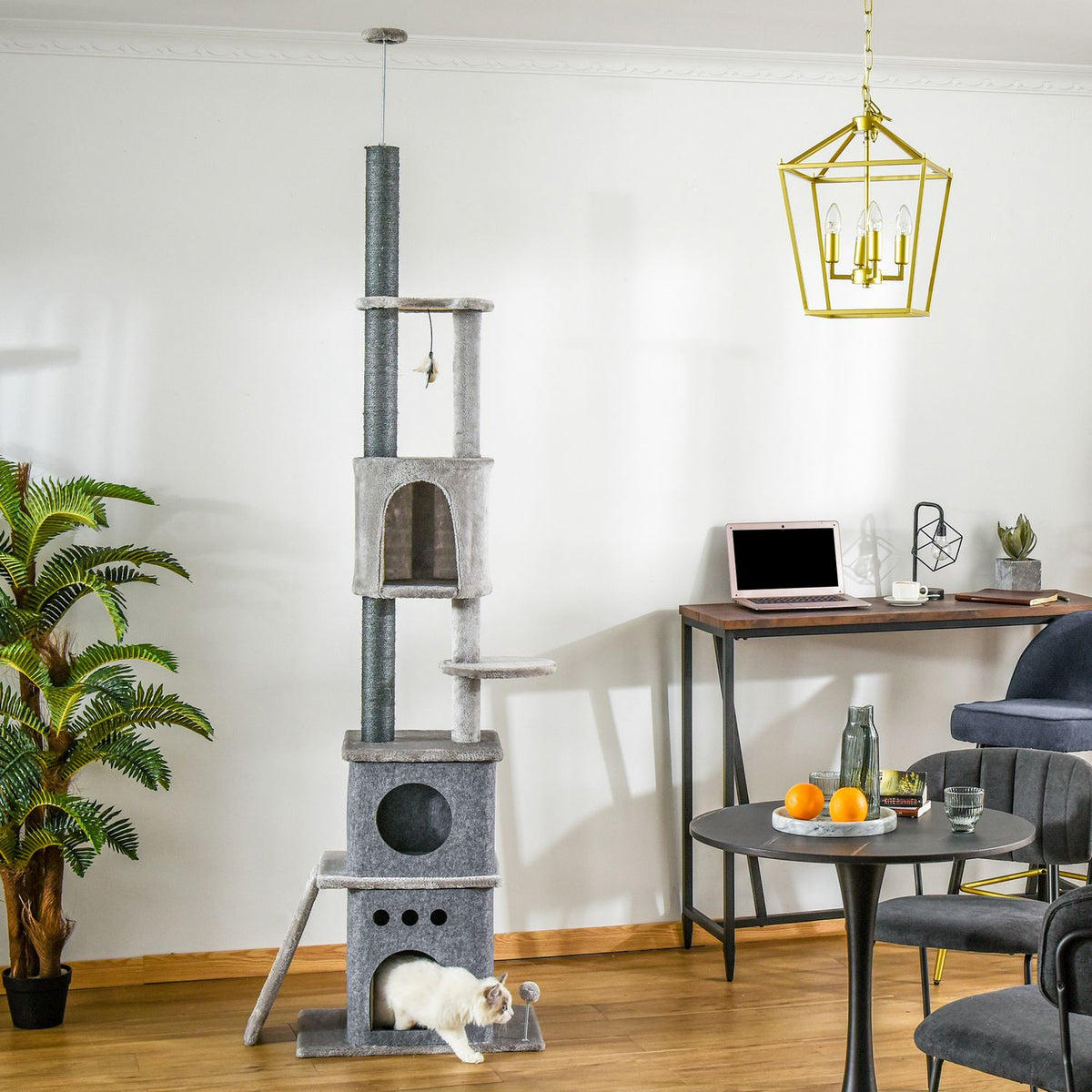 Scratching Post Cat Tree Ceiling High Climbing Tree With Cat Toys Sisal Plush Light Gray Height Adjustable 60 X 40 X 225-255 Cm