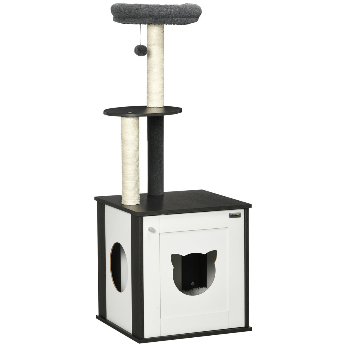 Scratching Post Cat Tree Litter Tray 131.5H Cm Climbing Tree Sisal Columns Cat Bed Dark Gray + White