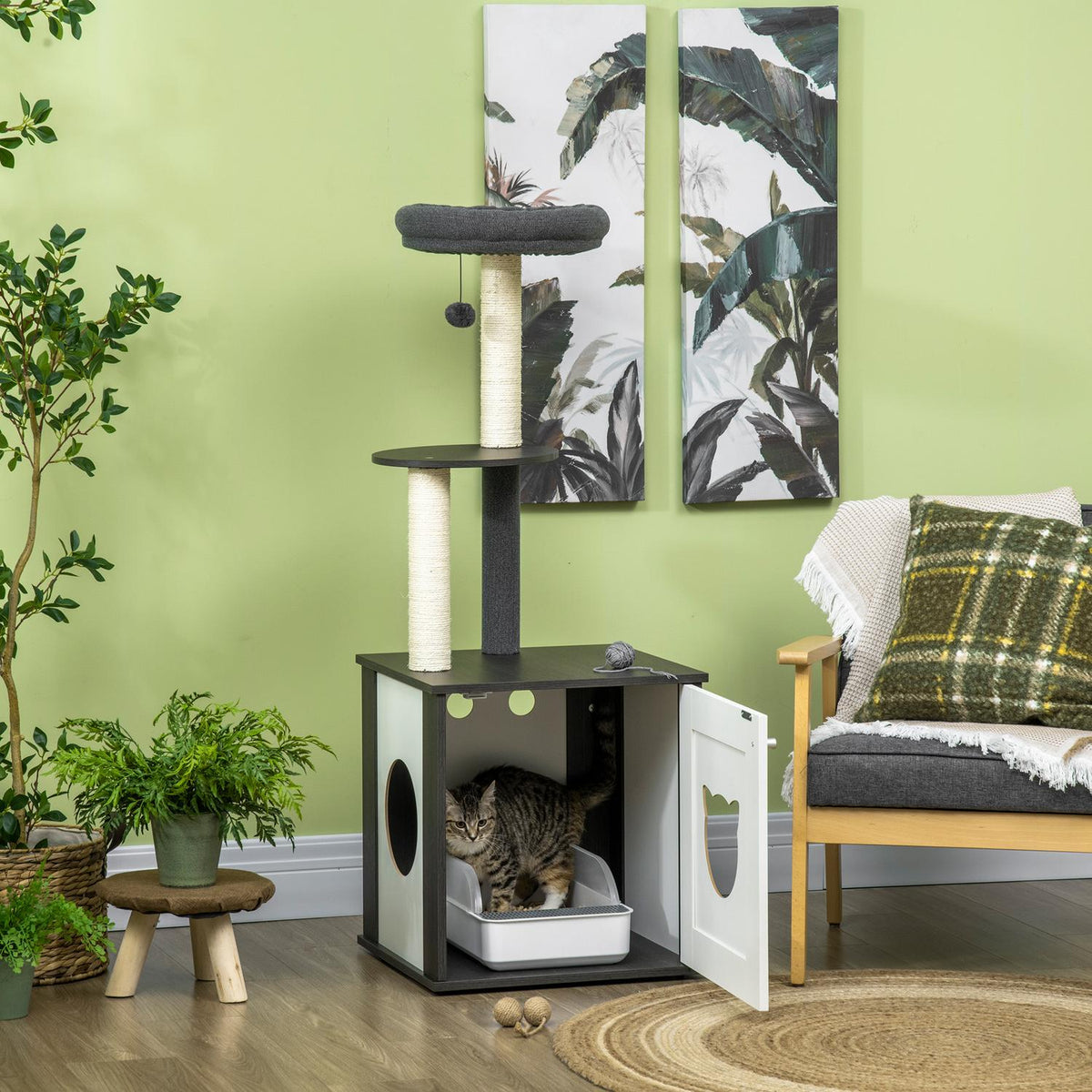 Scratching Post Cat Tree Litter Tray 131.5H Cm Climbing Tree Sisal Columns Cat Bed Dark Gray + White