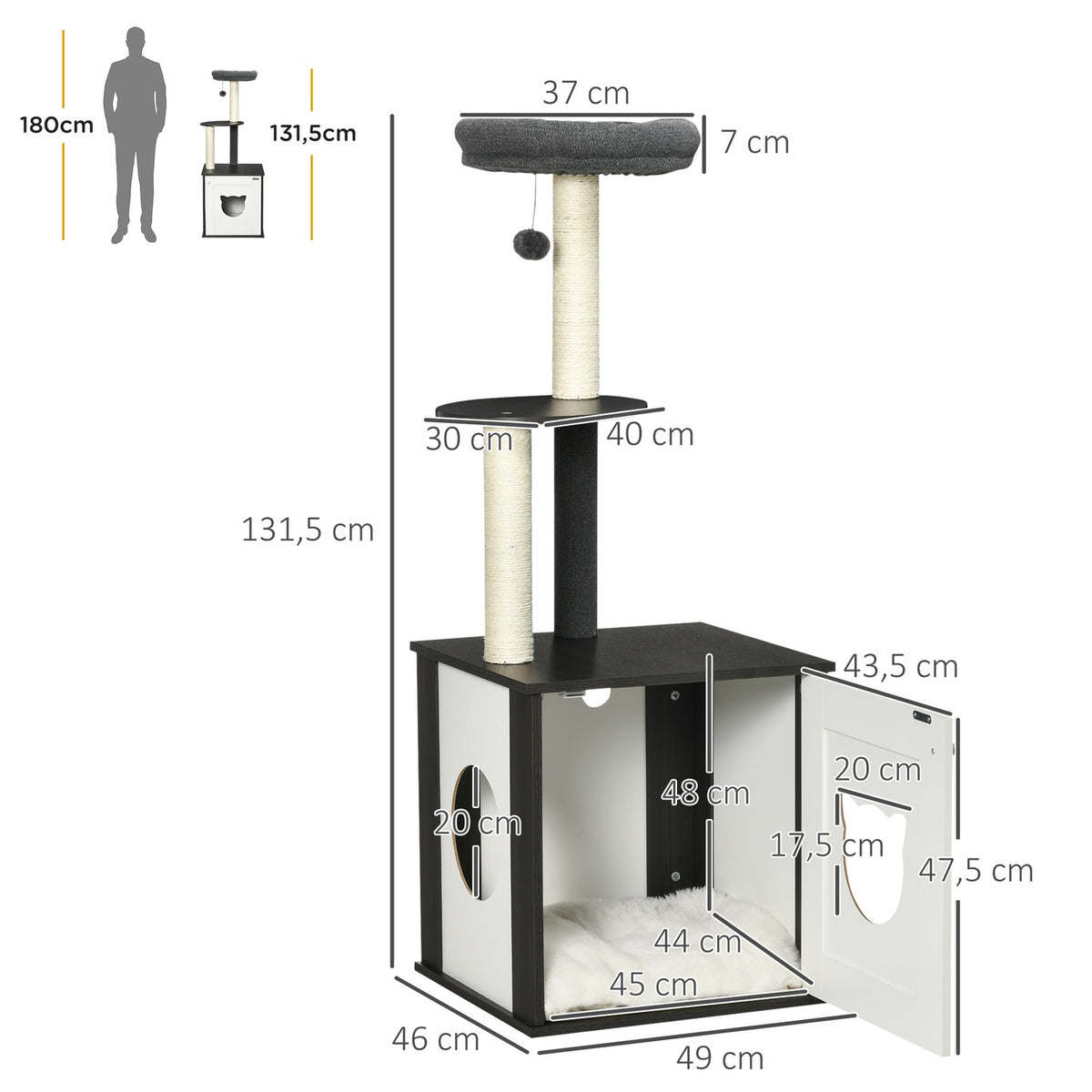 Scratching Post Cat Tree Litter Tray 131.5H Cm Climbing Tree Sisal Columns Cat Bed Dark Gray + White