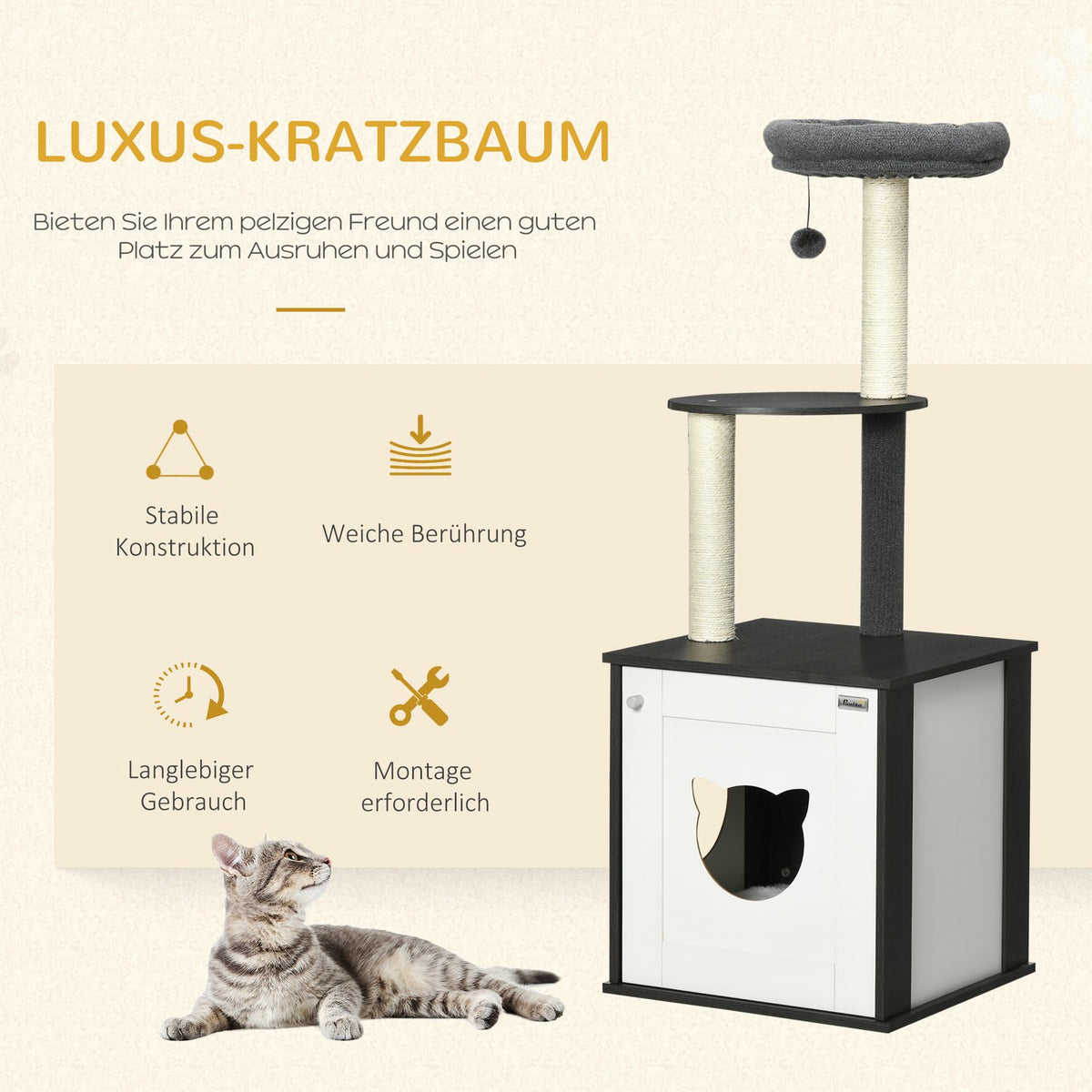 Scratching Post Cat Tree Litter Tray 131.5H Cm Climbing Tree Sisal Columns Cat Bed Dark Gray + White
