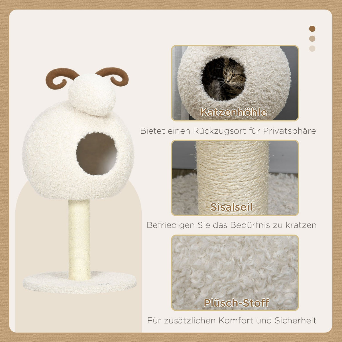 Scratching Post, Cat Tree With Cat Cave, Cat Scratching Post In Goat Design, Climbing Tree With Sisal Rope Posts, Cat Furniture, Cream White, 80Cm