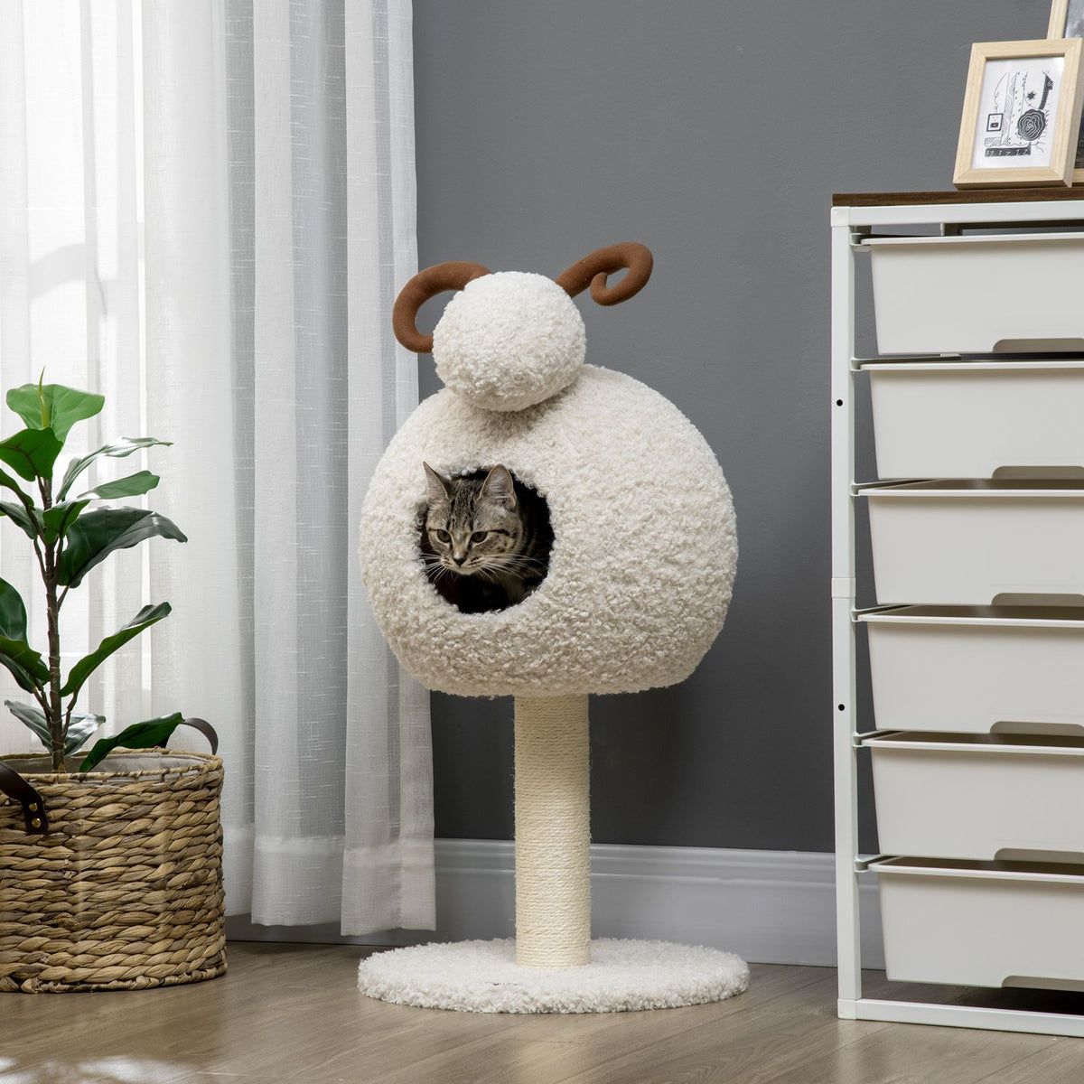 Scratching Post, Cat Tree With Cat Cave, Cat Scratching Post In Goat Design, Climbing Tree With Sisal Rope Posts, Cat Furniture, Cream White, 80Cm
