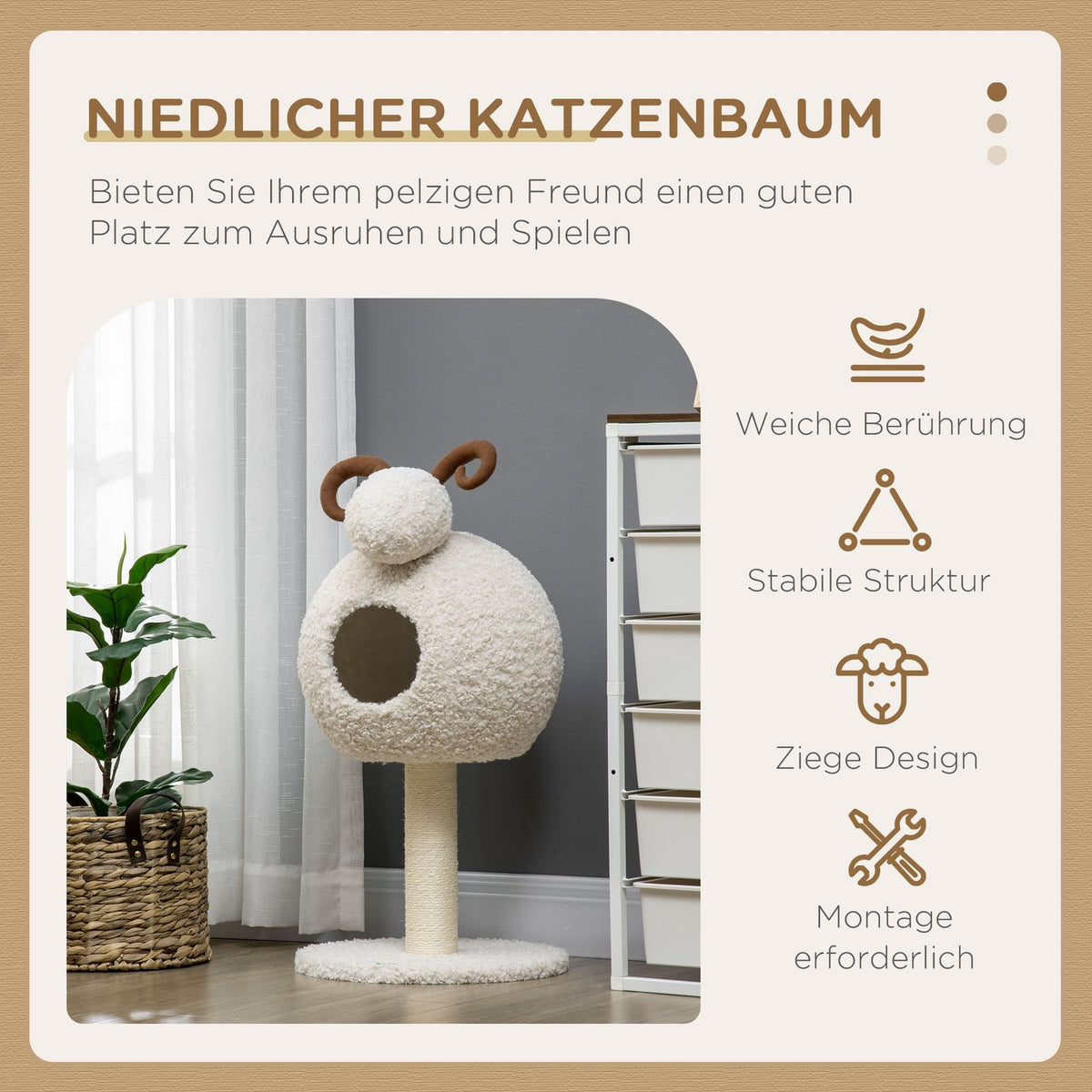 Scratching Post, Cat Tree With Cat Cave, Cat Scratching Post In Goat Design, Climbing Tree With Sisal Rope Posts, Cat Furniture, Cream White, 80Cm