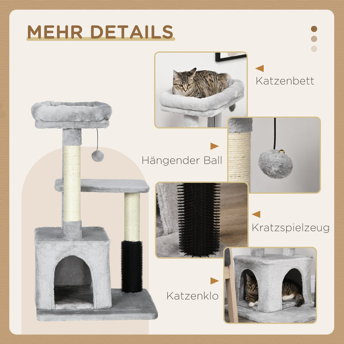 Scratching Post Cat Tree With Massage Corner, Cat Cave & Play Ball, Sisal Rope Scratching Poles, Light Gray, 48X48X85Cm