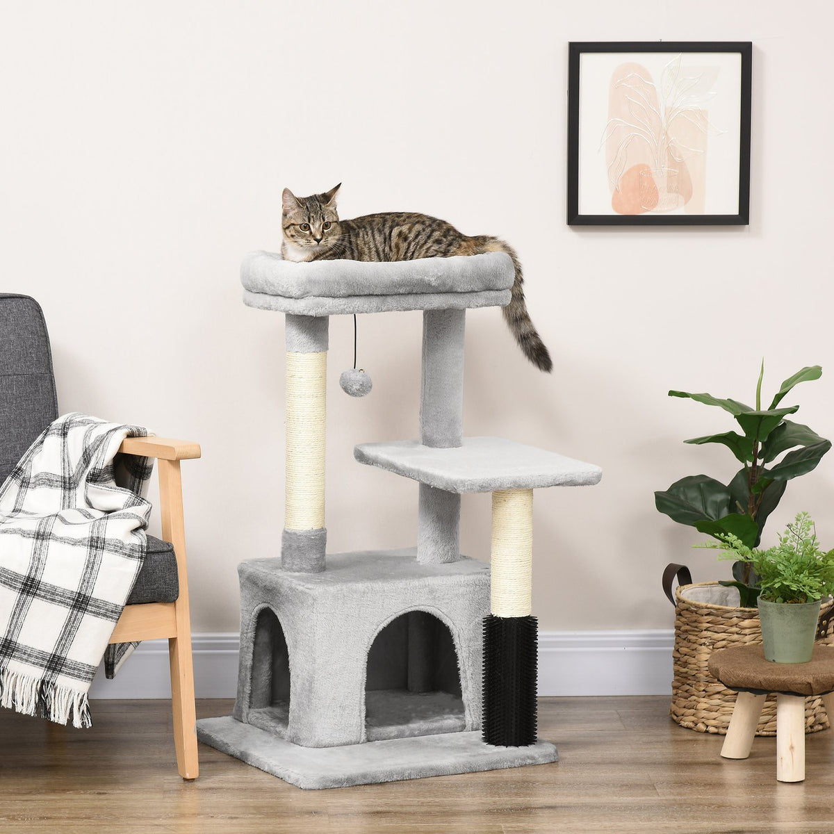 Scratching Post Cat Tree With Massage Corner, Cat Cave & Play Ball, Sisal Rope Scratching Poles, Light Gray, 48X48X85Cm