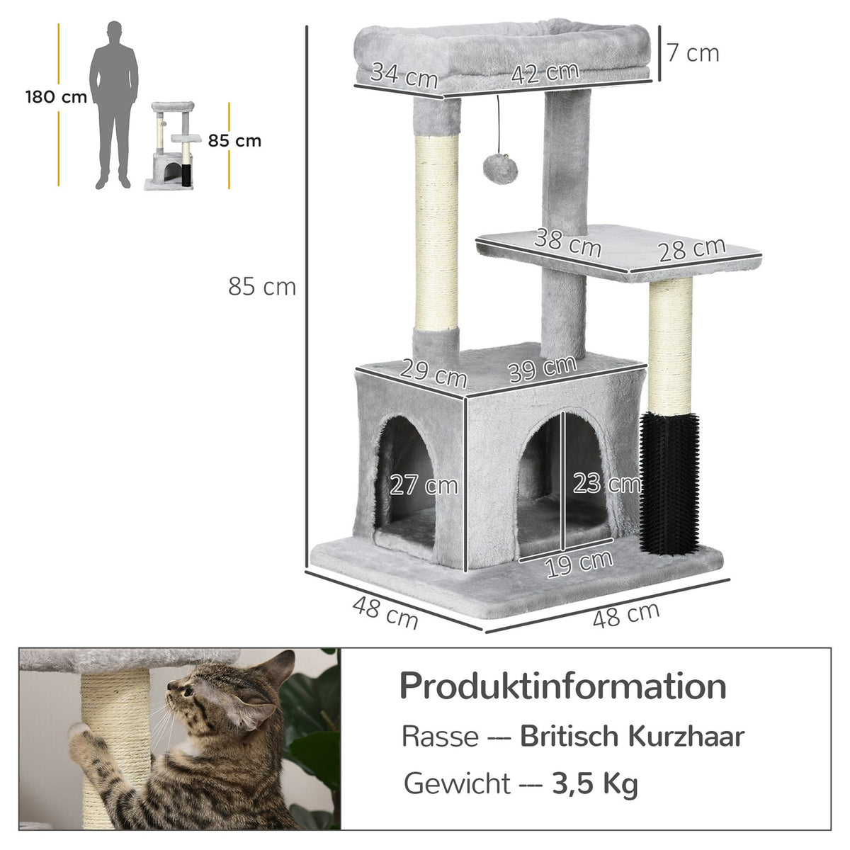 Scratching Post Cat Tree With Massage Corner, Cat Cave & Play Ball, Sisal Rope Scratching Poles, Light Gray, 48X48X85Cm