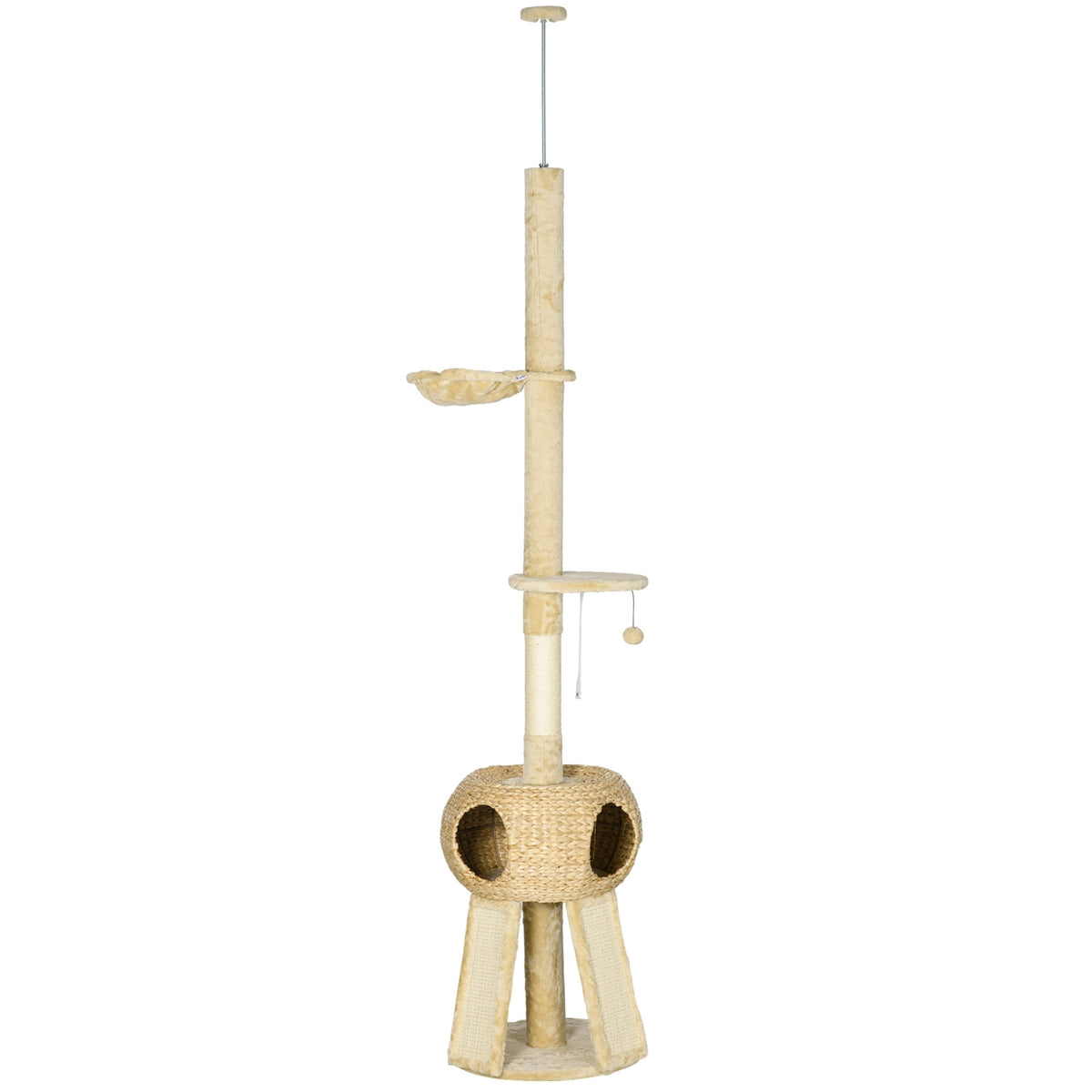 Scratching Post Ceiling High 225-255 Cm With Cat Cave, Play Ball, Hammock, Up To 5 Kg