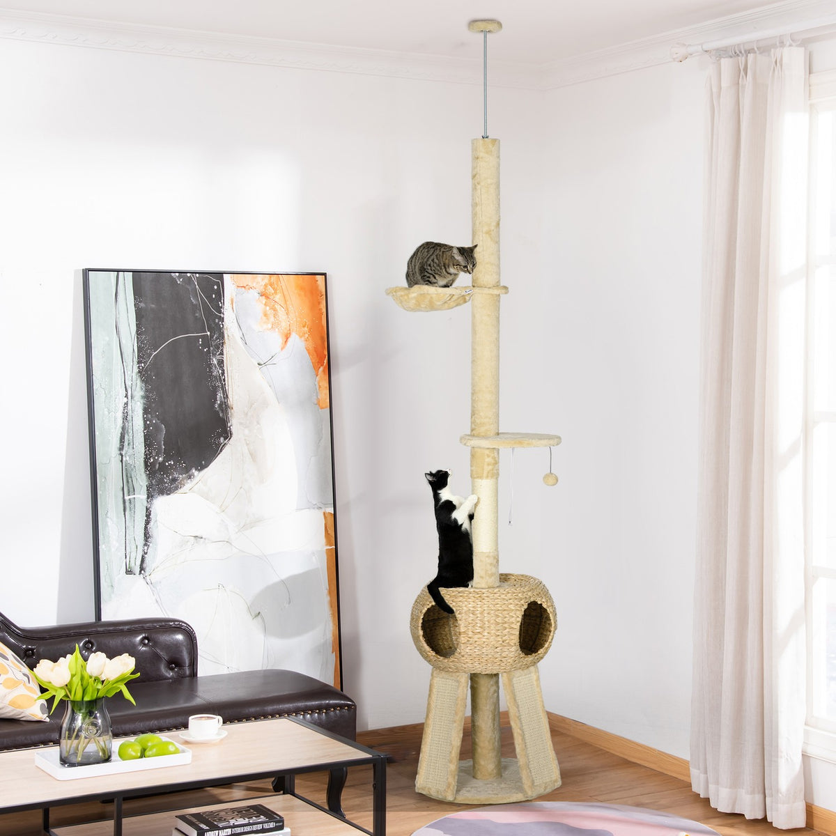 Scratching Post Ceiling High 225-255 Cm With Cat Cave, Play Ball, Hammock, Up To 5 Kg