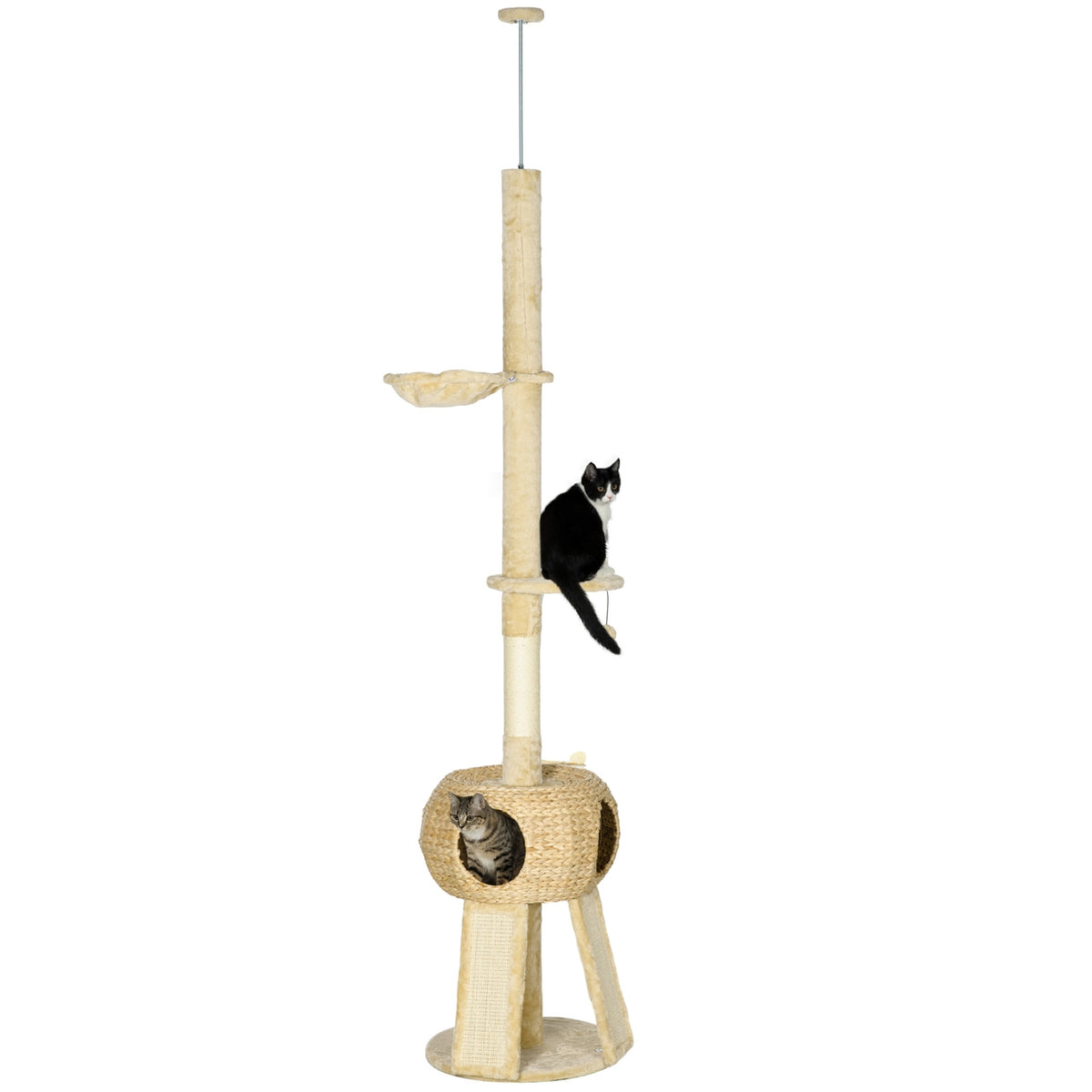 Scratching Post Ceiling High 225-255 Cm With Cat Cave, Play Ball, Hammock, Up To 5 Kg