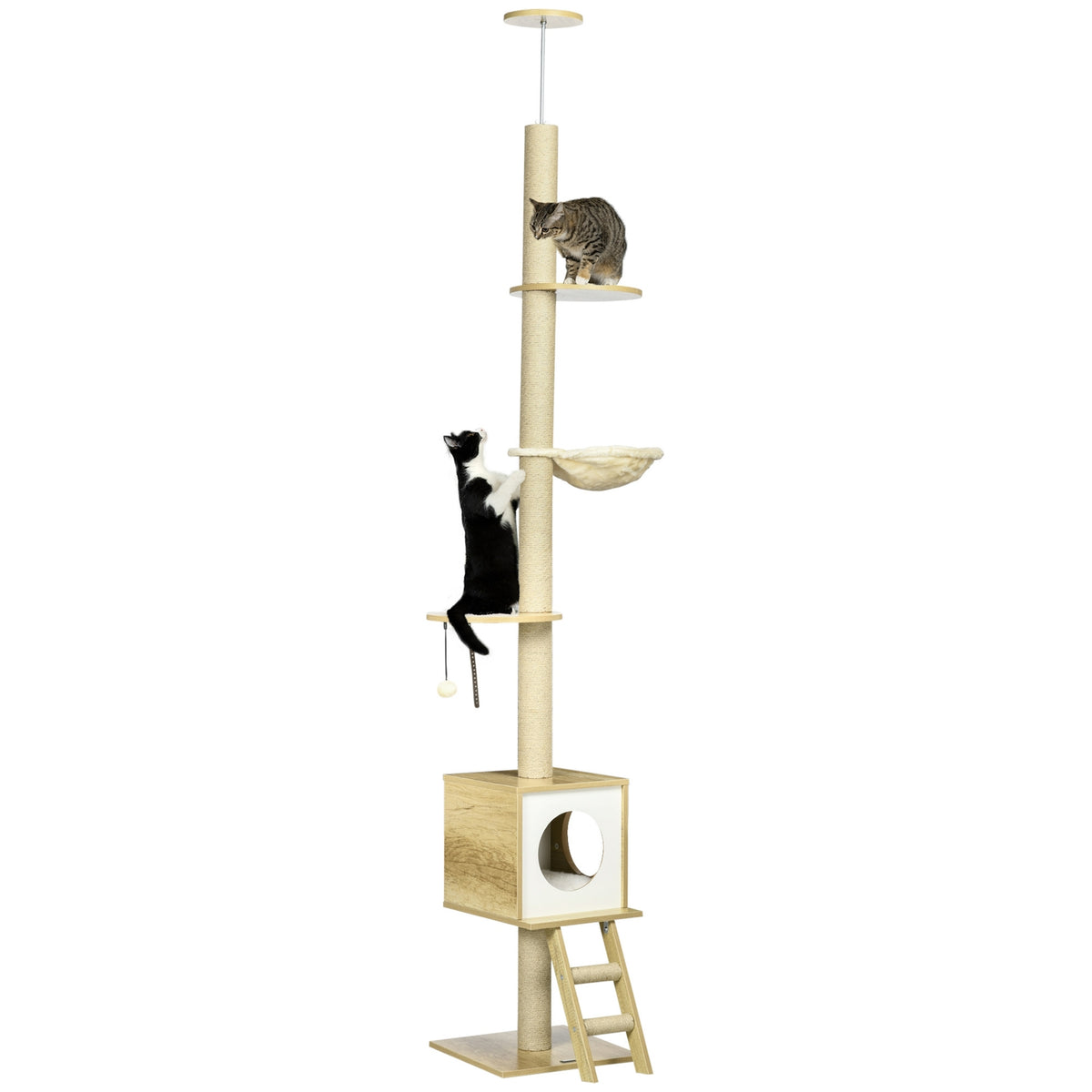 Scratching Post Ceiling High 240-260 Cm, With Cat House & Hammock, Light Brown + Beige