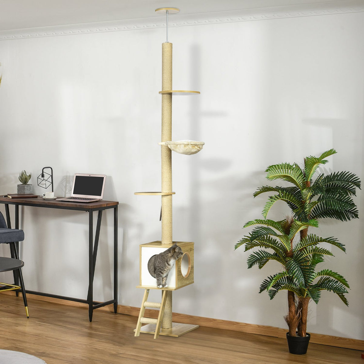 Scratching Post Ceiling High 240-260 Cm, With Cat House & Hammock, Light Brown + Beige