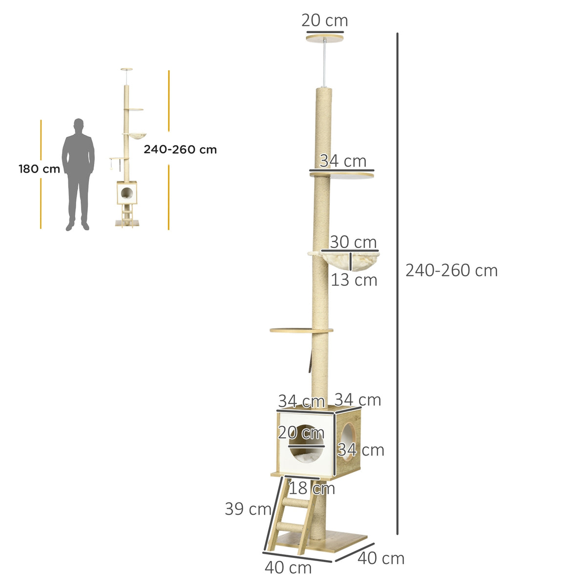 Scratching Post Ceiling High 240-260 Cm, With Cat House & Hammock, Light Brown + Beige