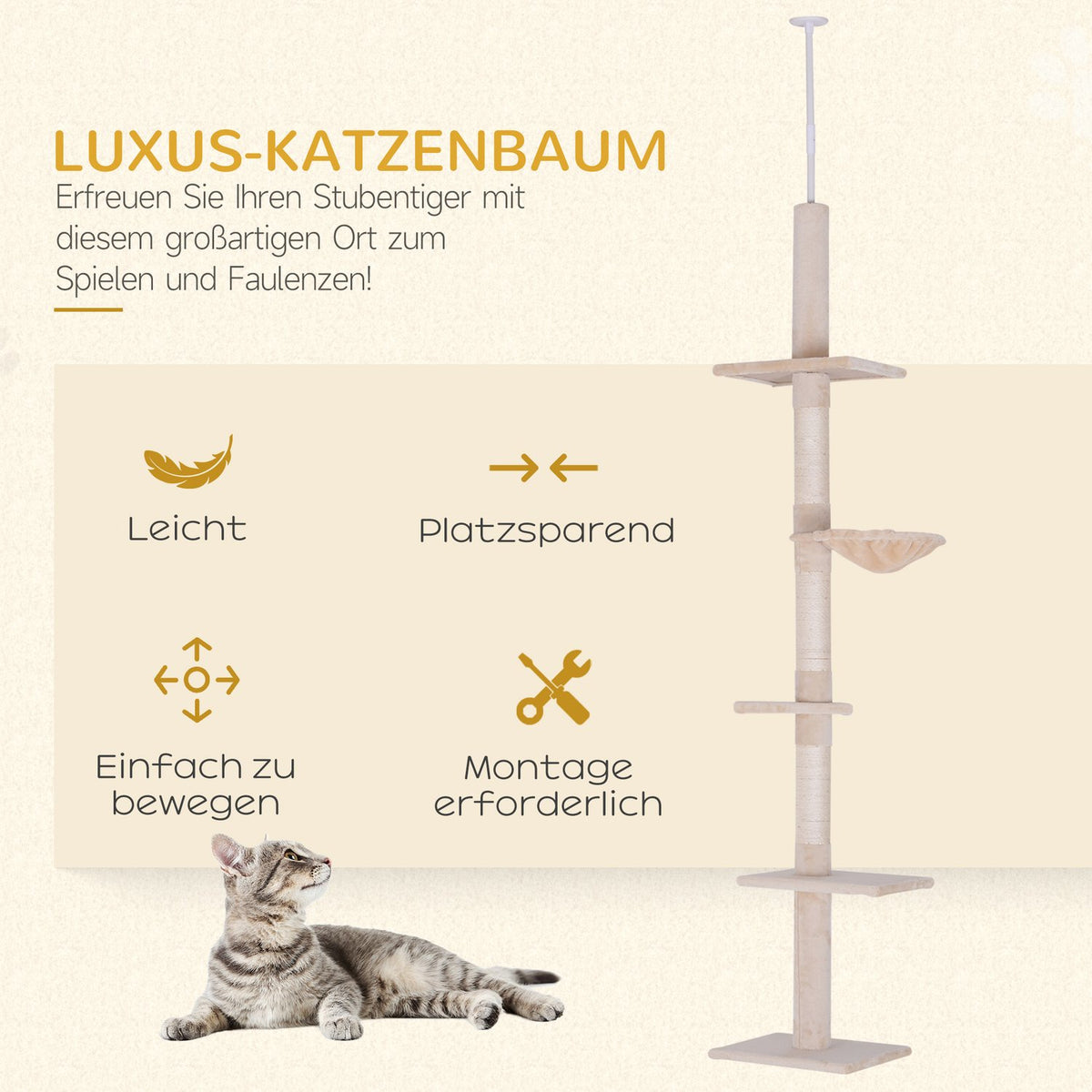 Scratching Post Ceiling High Beige Height-Adjustable Cat Tree With Sisal Columns, For Climbing & Scratching, 40X34X230-260Cm