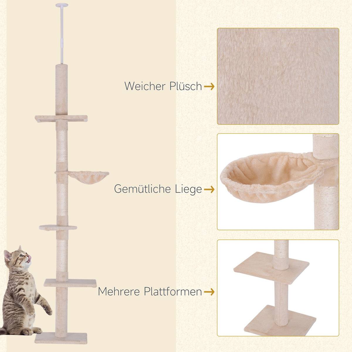 Scratching Post Ceiling High Beige Height-Adjustable Cat Tree With Sisal Columns, For Climbing & Scratching, 40X34X230-260Cm