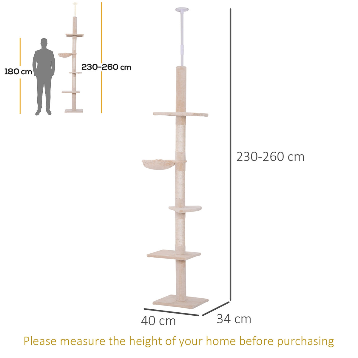 Scratching Post Ceiling High Beige Height-Adjustable Cat Tree With Sisal Columns, For Climbing & Scratching, 40X34X230-260Cm