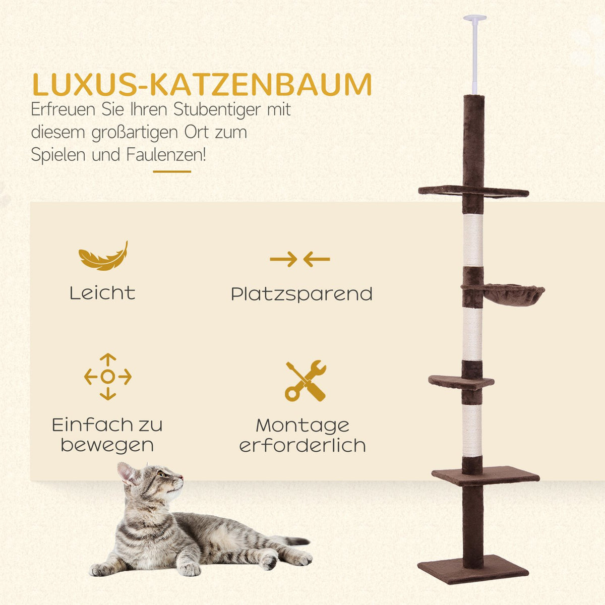 Scratching Post Ceiling High Brown Height-Adjustable Cat Tree With Sisal Columns, For Climbing & Scratching, 40X34X230-260Cm