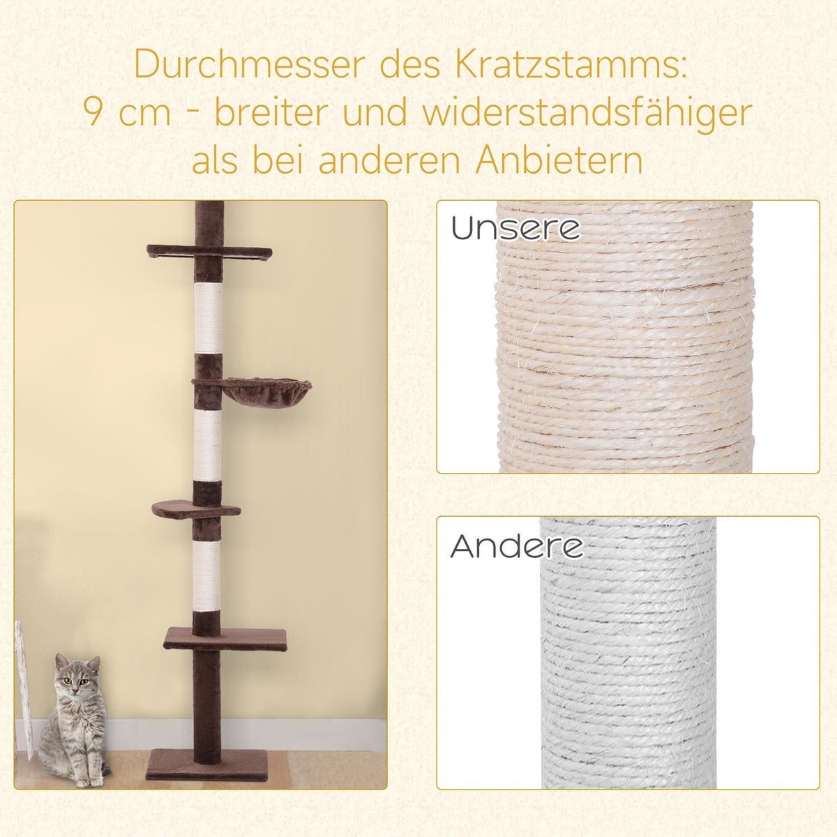 Scratching Post Ceiling High Brown Height-Adjustable Cat Tree With Sisal Columns, For Climbing & Scratching, 40X34X230-260Cm