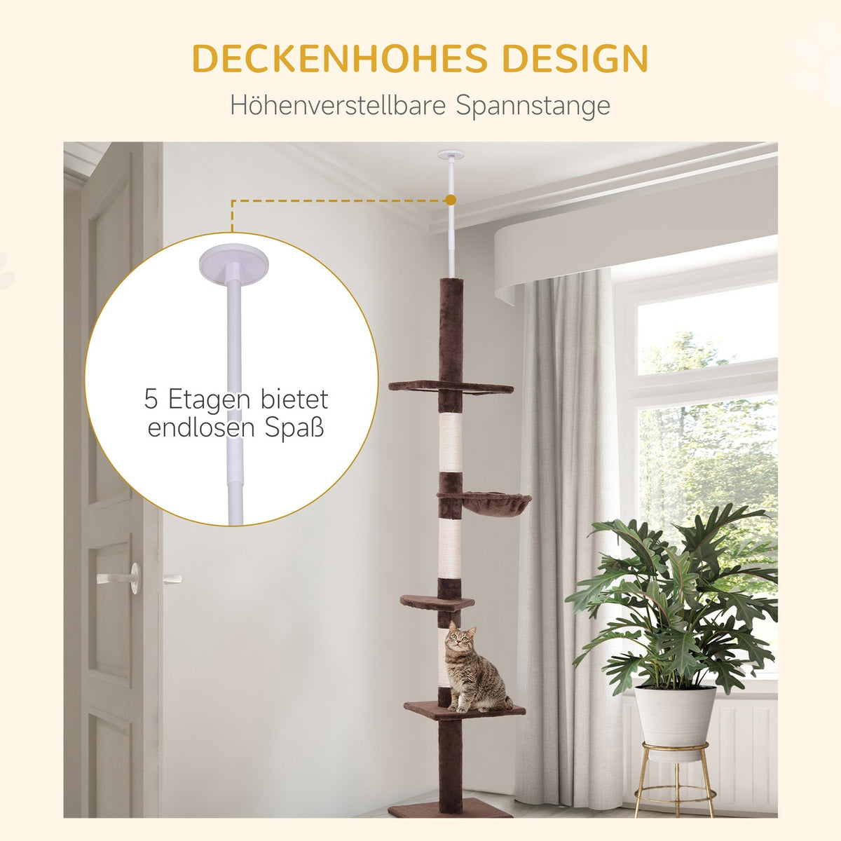 Scratching Post Ceiling High Brown Height-Adjustable Cat Tree With Sisal Columns, For Climbing & Scratching, 40X34X230-260Cm