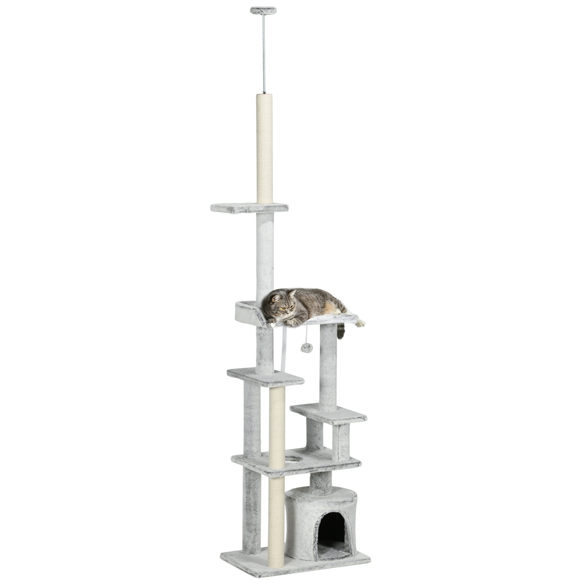 Scratching Post Ceiling High Cat Tree With Play Ball, Cat Cave, Stairs, 225-255 Cm, Light Gray