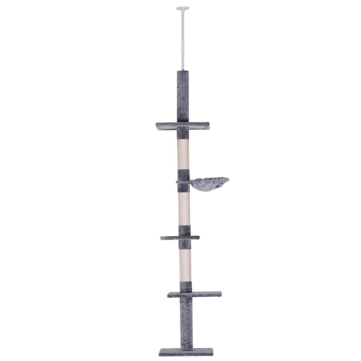 Scratching Post Ceiling High Gray Height-Adjustable Cat Tree With Sisal Columns, For Climbing & Scratching, 40X34X230-260Cm