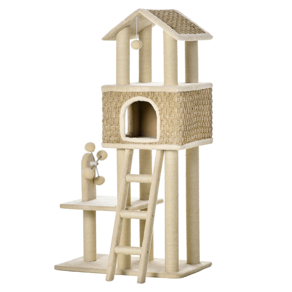Scratching Post Large Cat Tree 130Cm, With Cat Cave & Play Balls, Jute Trunks, Khaki + Beige, Chipboard Plush