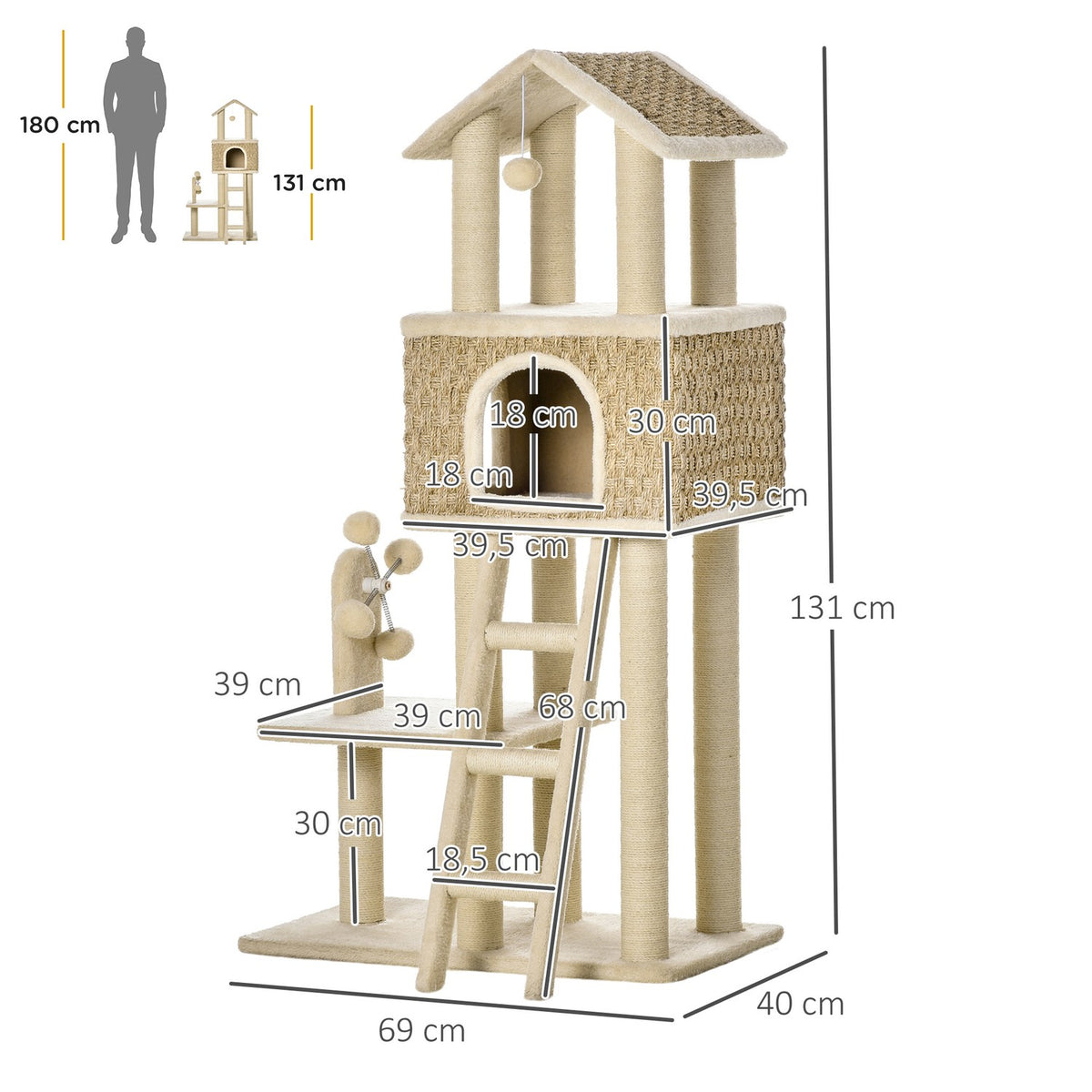 Scratching Post Large Cat Tree 130Cm, With Cat Cave & Play Balls, Jute Trunks, Khaki + Beige, Chipboard Plush